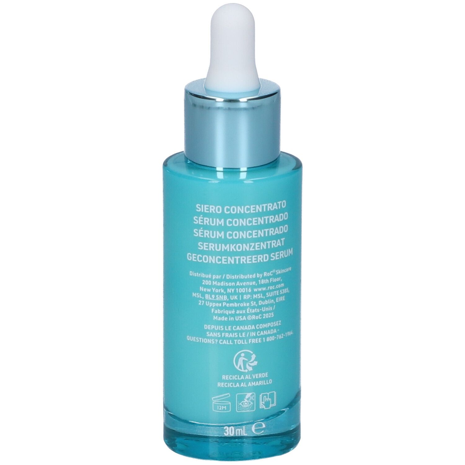 Vista posteriore di un flacone di siero turchese con applicatore bianco. Testo sul retro. Scritte: RoC, Hydra+ Hyaluronic, Siero Concentrato.