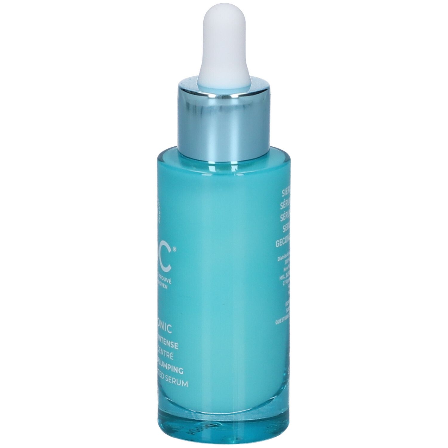 Vista posteriore di un flacone di siero turchese con applicatore bianco. Testo sul retro. Scritte: RoC, Hydra+ Hyaluronic, Siero Concentrato.
