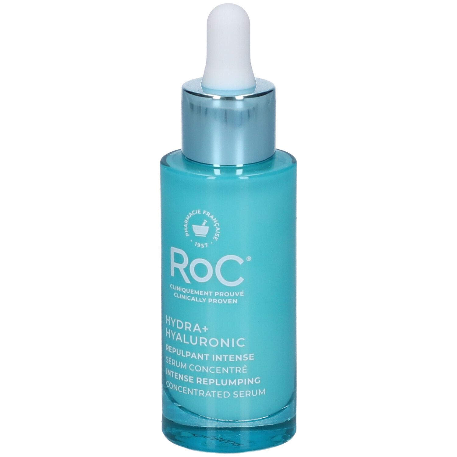 Flacone di siero turchese con applicatore bianco. Scritte: RoC, Hydra+ Hyaluronic, Siero Concentrato. Marchio farmaceutico francese.