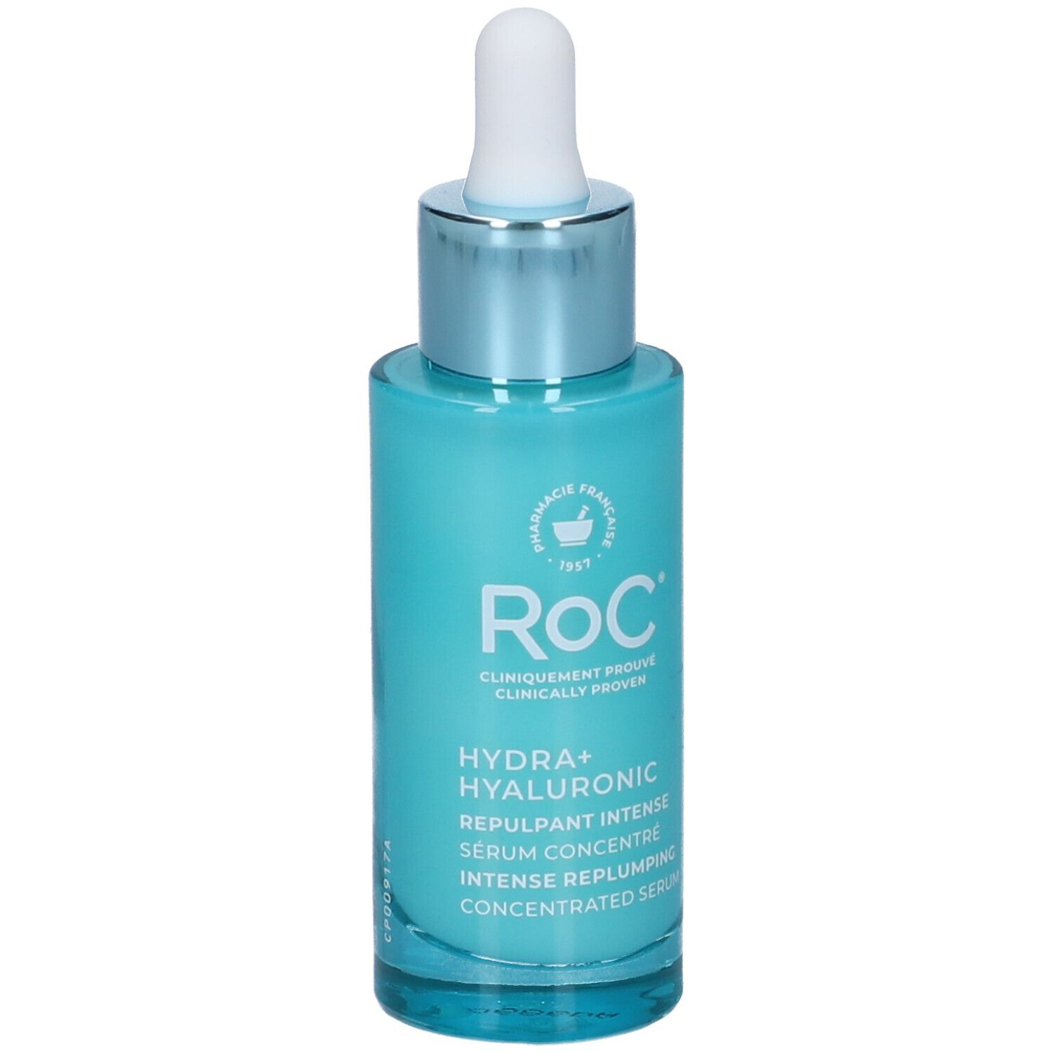 Flacone di siero turchese con applicatore bianco. Scritte: RoC, Hydra+ Hyaluronic, Siero Concentrato. Marchio farmaceutico francese.