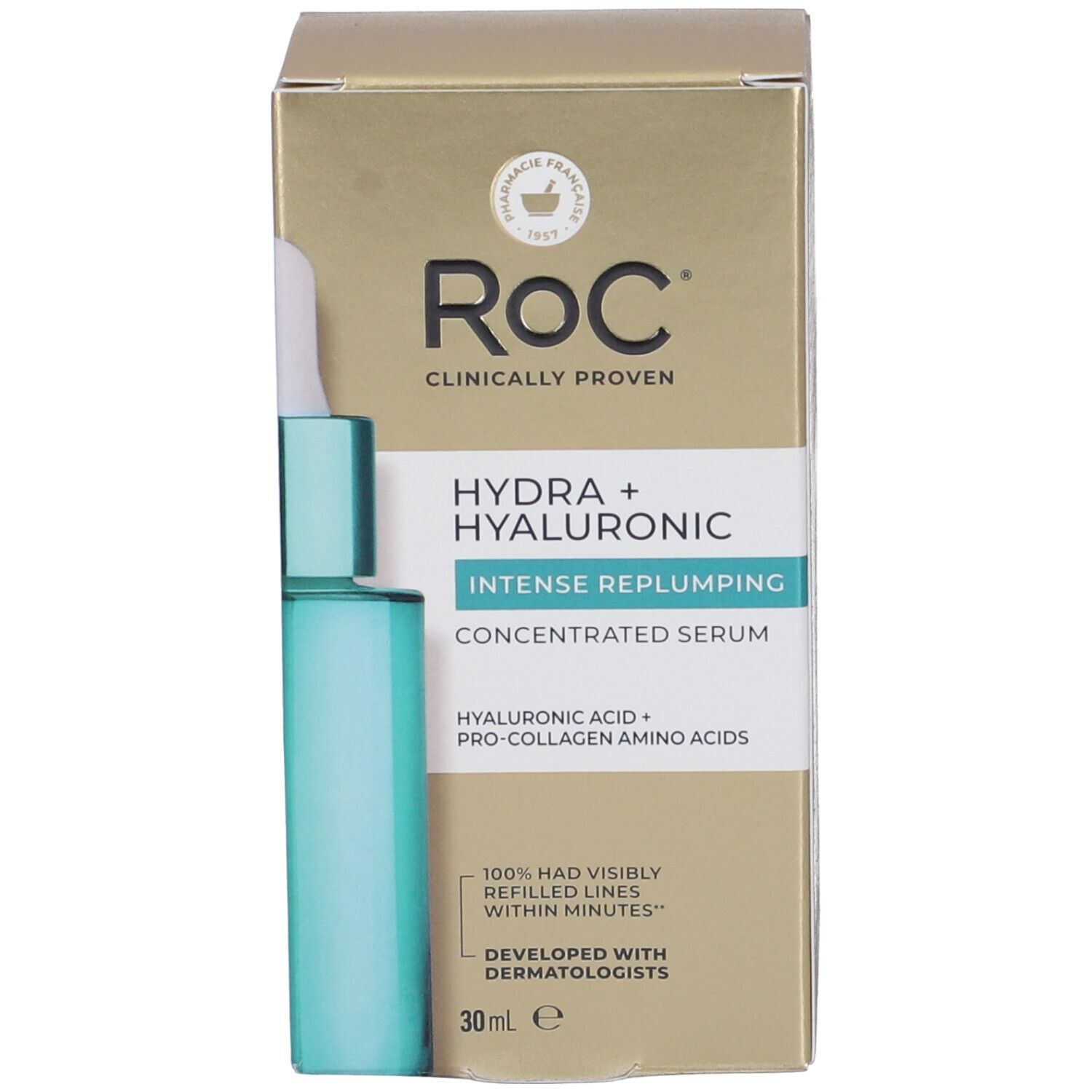 Confezione del prodotto con flacone di siero e scatola. Scritte: RoC, Hydra+ Hyaluronic, Intense Replumping Concentrated Serum. 30ml.