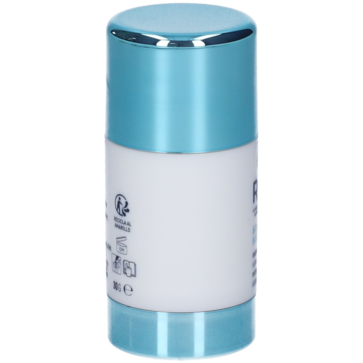 Retro dello stick. Corpo bianco con testo e simboli di riciclaggio. Coperchio e base azzurri.