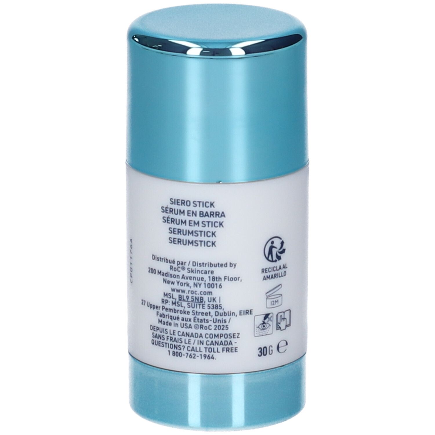Retro dello stick. Corpo bianco con testo. Coperchio e base azzurri. Indicazione 30g.