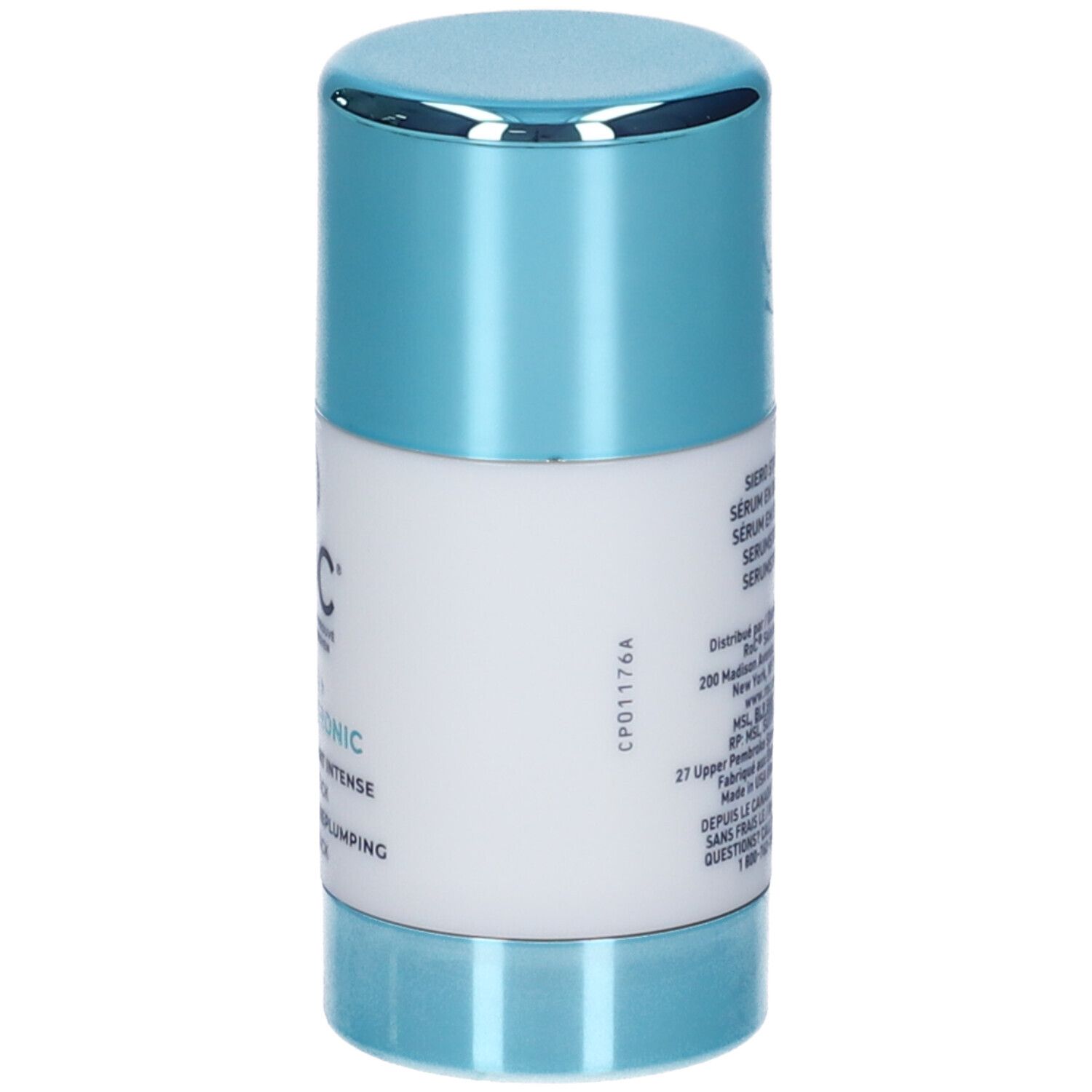 Retro dello stick. Corpo bianco con testo. Coperchio e base azzurri. Codice CP01176A.