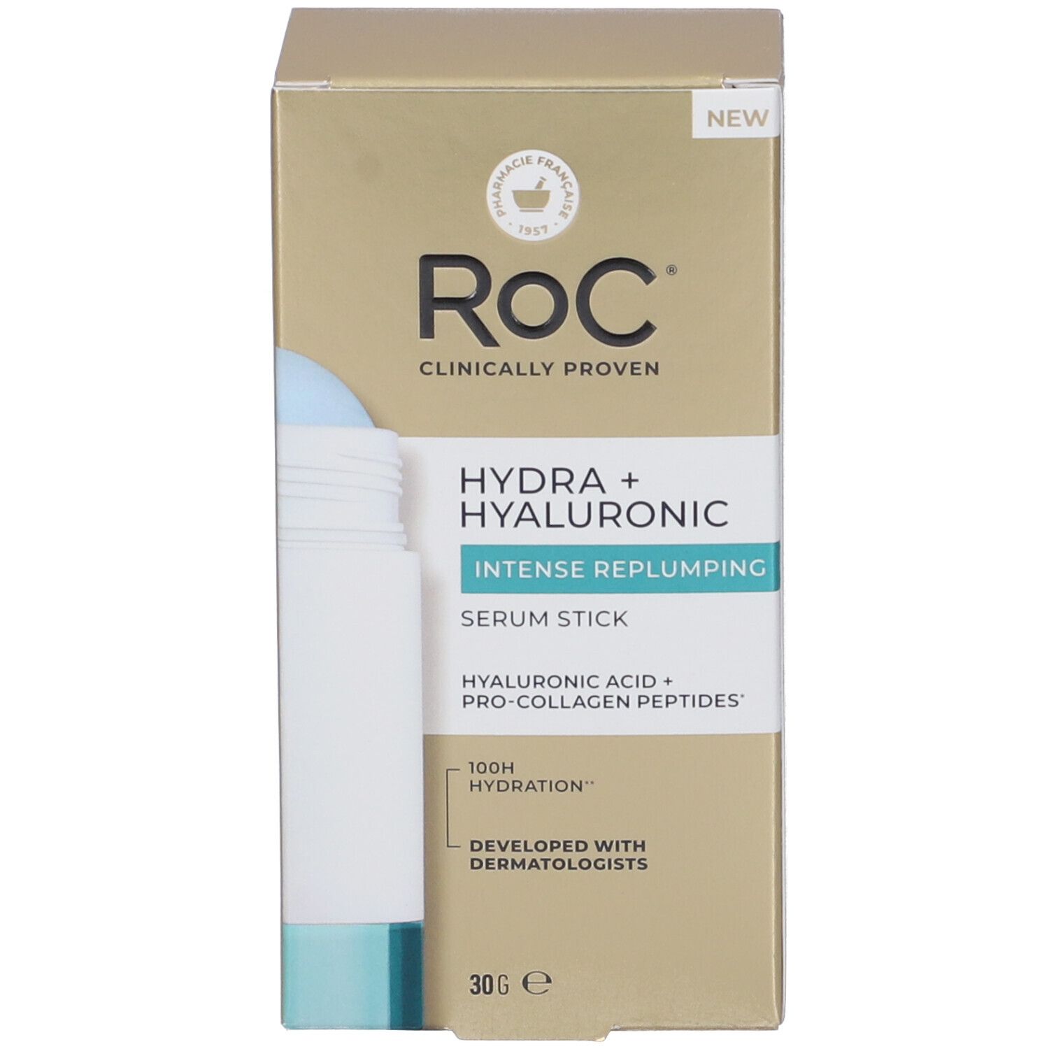 Confezione. Scatola dorata con logo Roc e nome del prodotto. Stick cilindrico visibile.