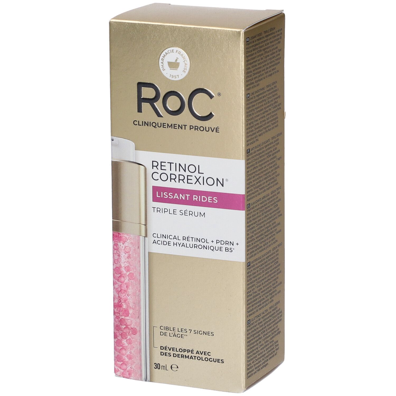 Confezione per RoC Retinol Correxion Triple Sérum. Scatola di cartone dorata con immagine del prodotto e scritte.