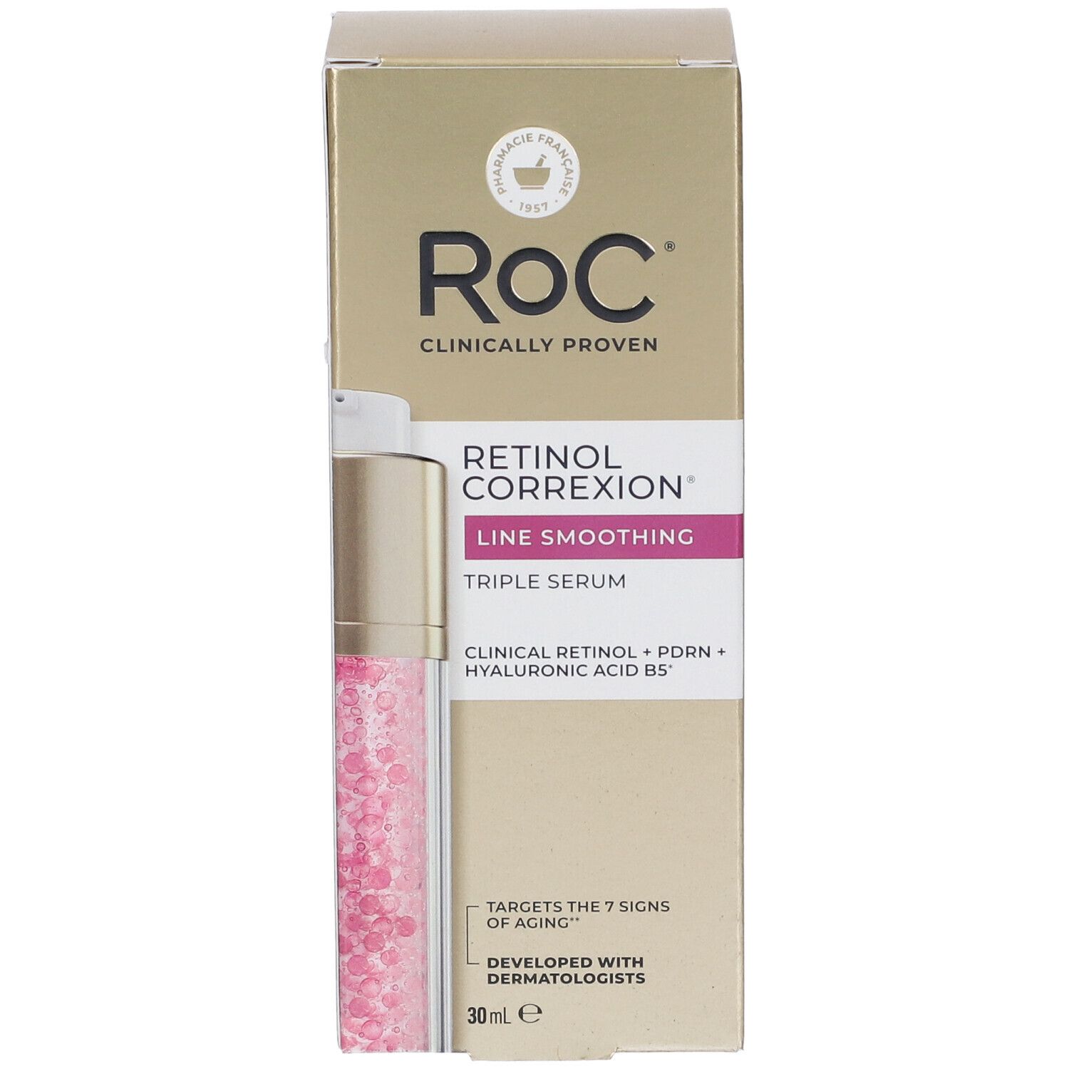 Confezione per ROC Retinol Correxion Line Smoothing Triple Serum, con dispenser a pompa e perline rosa.
