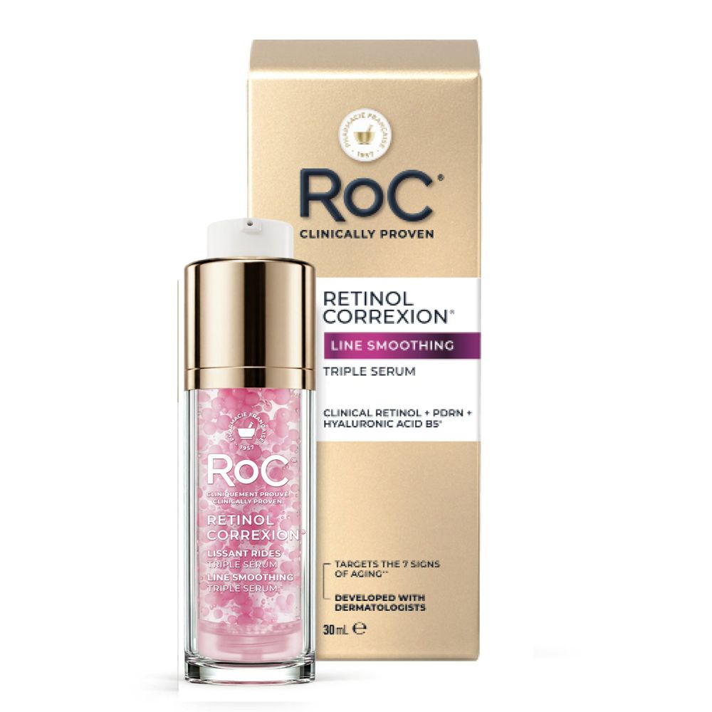Flacone RoC Retinol Correxion Line Smoothing Triple Serum da 30ml e confezione.