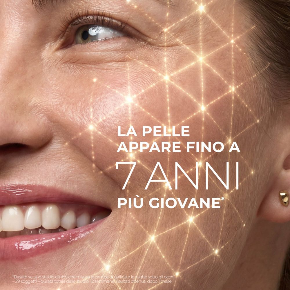 Primo piano di un viso con linee grafiche che suggeriscono una pelle più giovane. Testo: 'La pelle appare fino a 7 anni più giovane'.
