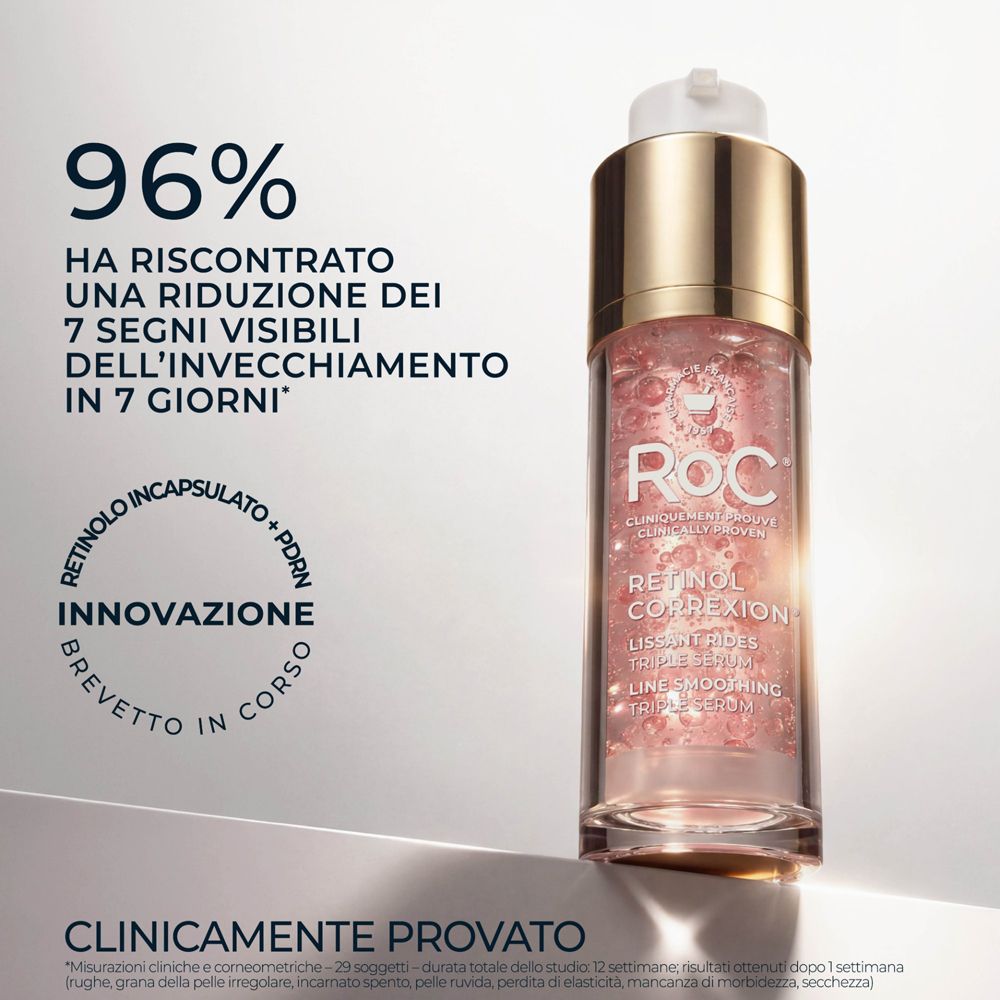 Siero RoC Retinol Correxion in un erogatore trasparente con tappo dorato. Contiene perle rosa.