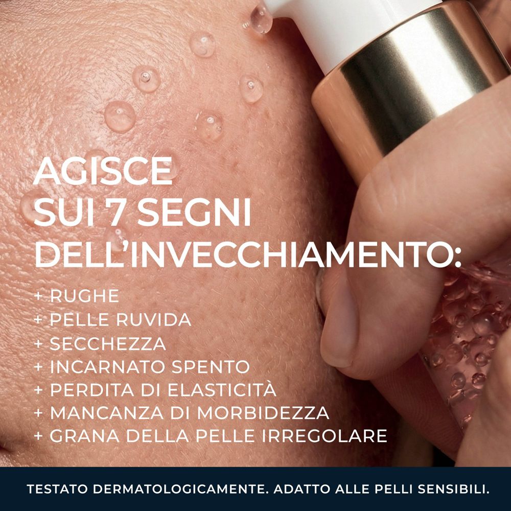 Pelle con gocce e dispenser. Testo: Agisce sui 7 segni dell'invecchiamento.
