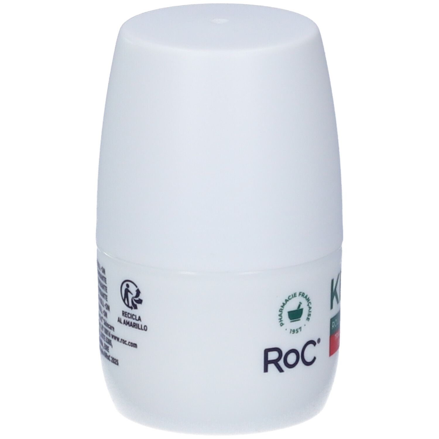 Flacone deodorante roll-on bianco con tappo bianco. Marchio RoC visibile.