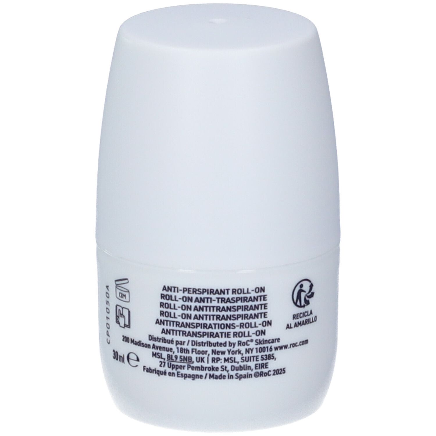 Flacone roll-on antitraspirante bianco da 30 ml con testo nero.
