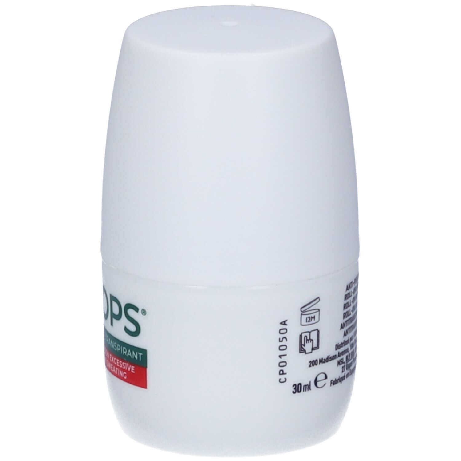 Deodorante roll-on bianco con etichetta verde e rossa. 30 ml.