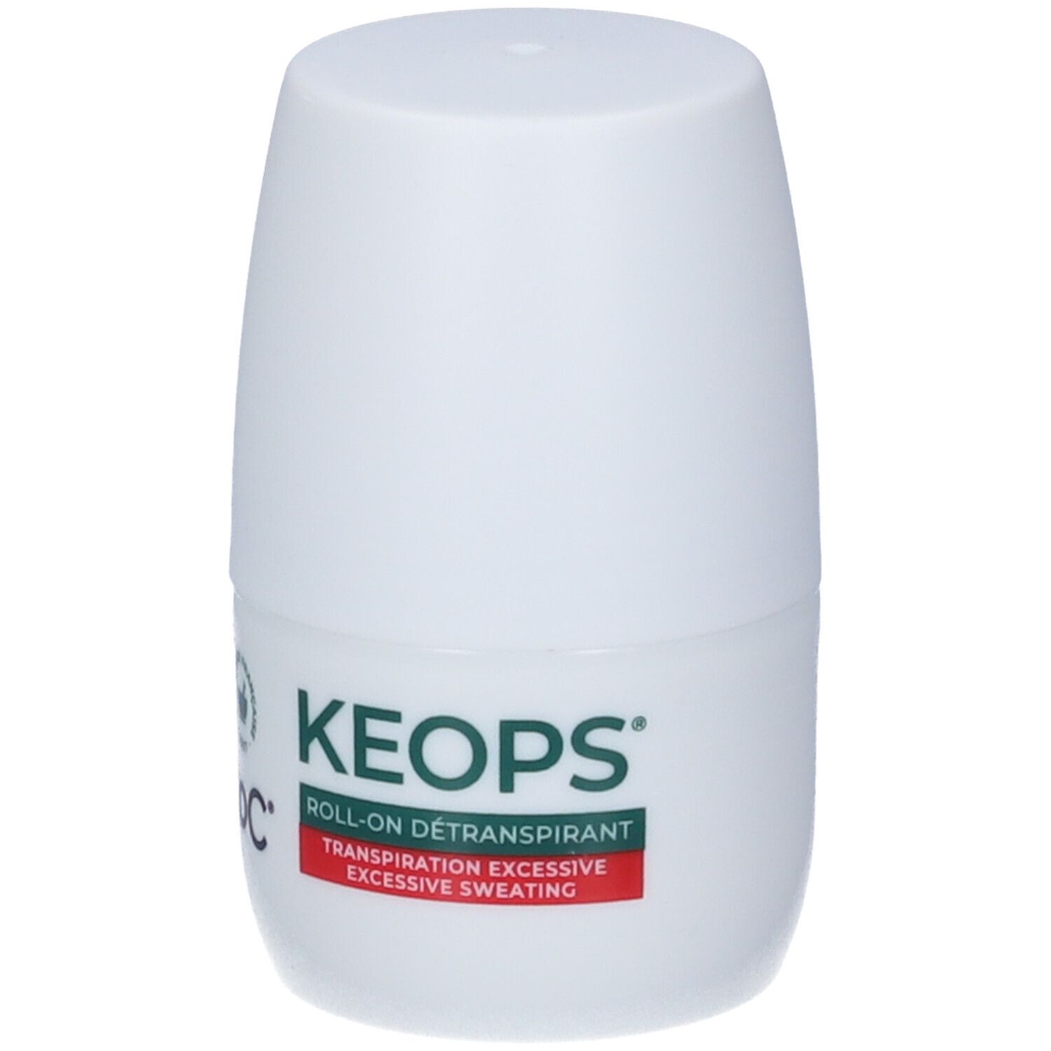 Flacone deodorante roll-on bianco con nome del marchio KEOPS e indicazione per sudorazione eccessiva.