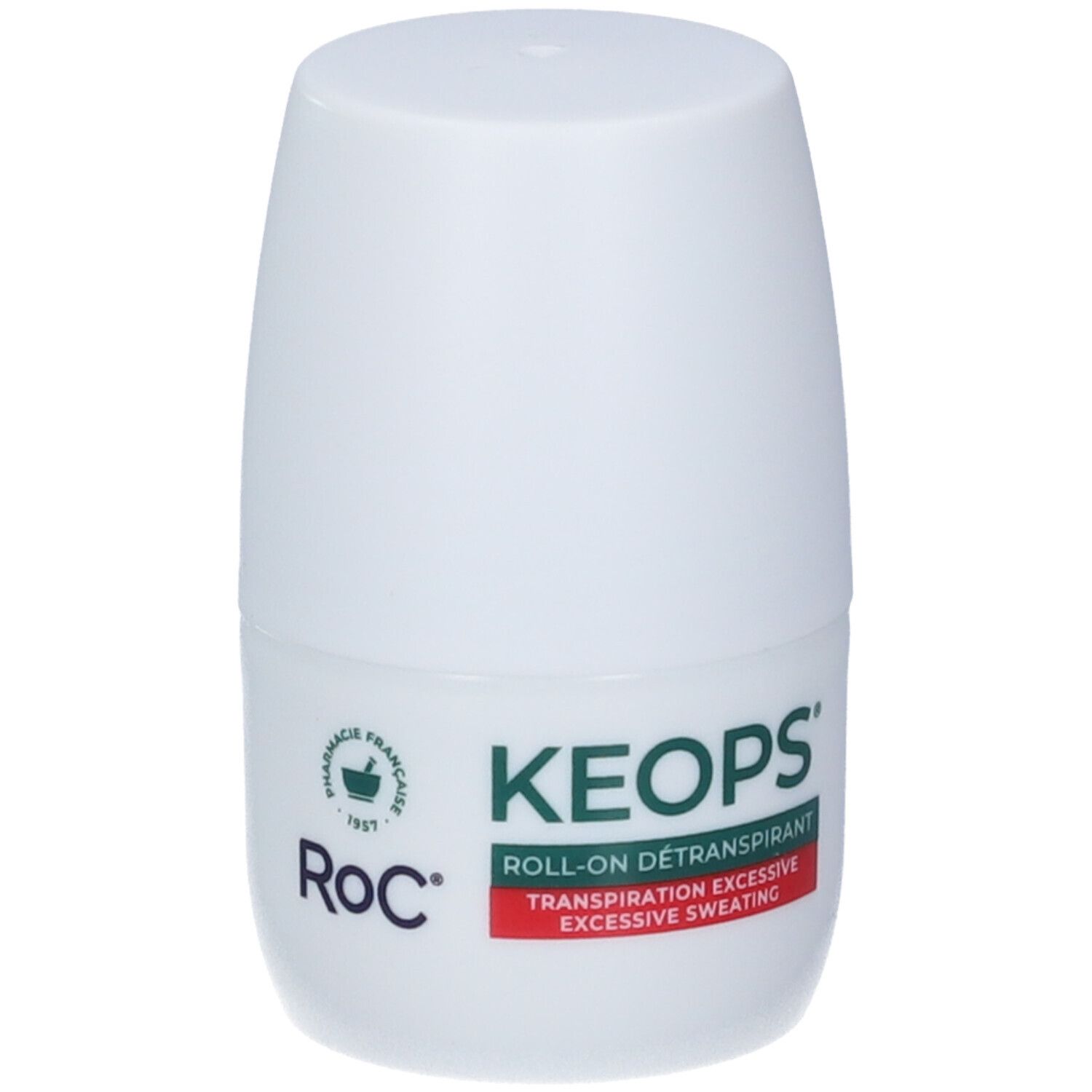RoC Keops Roll-on antitraspirante per sudorazione eccessiva. Contenitore bianco con etichetta verde e rossa.