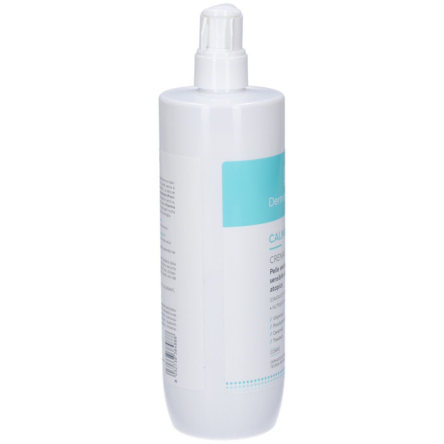 Flacone bianco, retro. Scritta blu: Dermovitamina, CALMILENE. Testo in italiano.