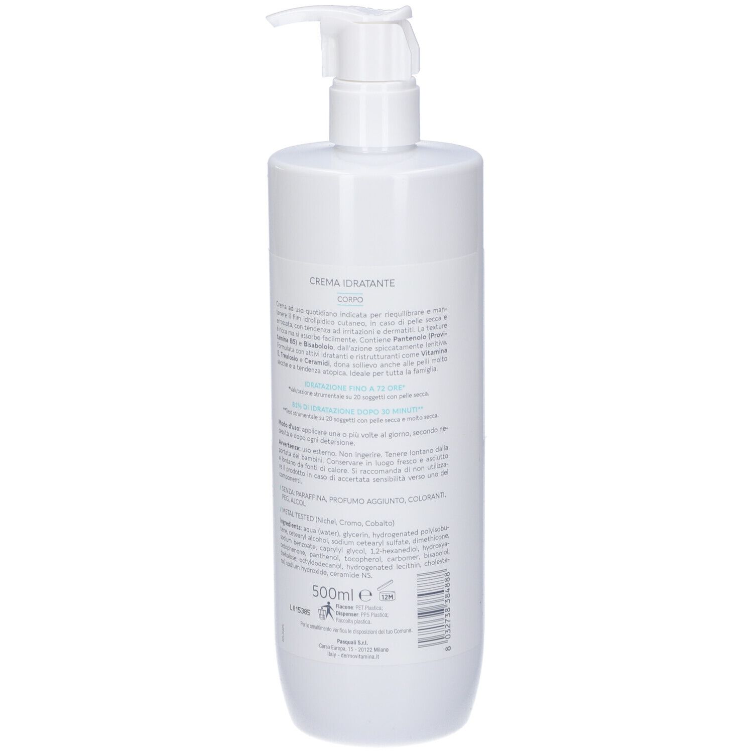 Flacone bianco, retro. Testo in italiano. Contiene informazioni sul prodotto.