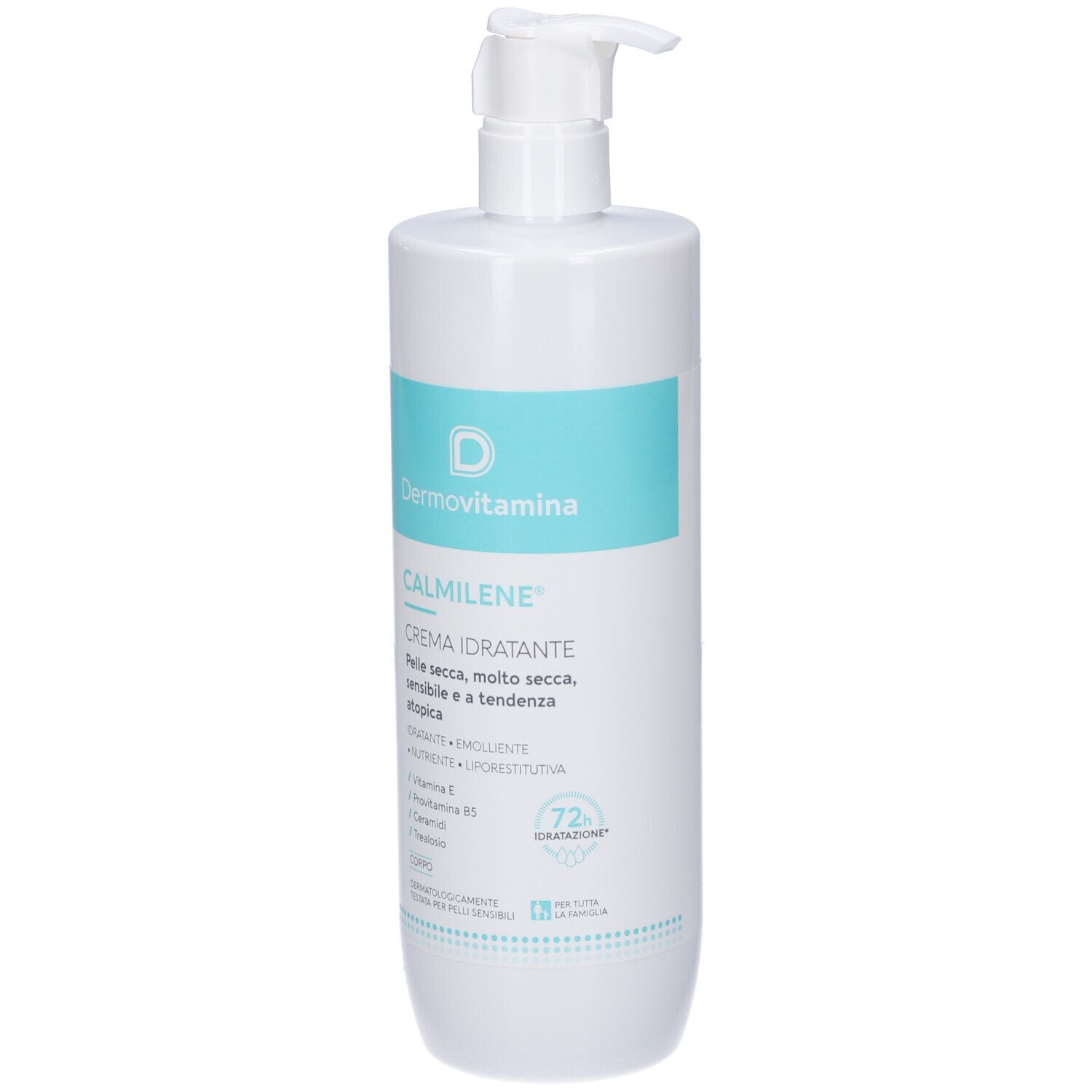 Flacone bianco con fascia blu. Scritta: Dermovitamina, CALMILENE, Crema Idratante. Con dosatore.