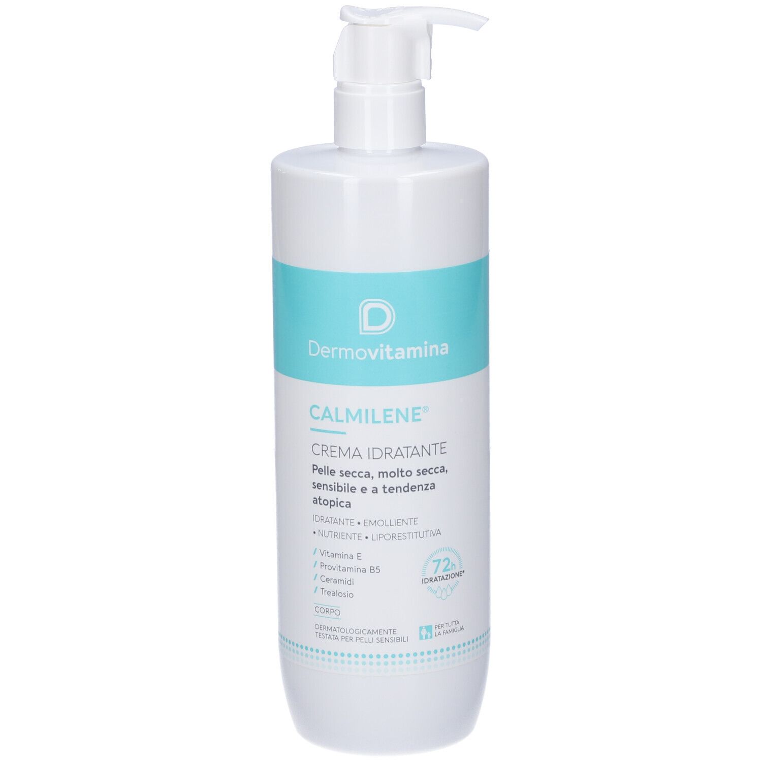 Flacone bianco con fascia blu. Scritta: Dermovitamina, CALMILENE, Crema Idratante. Con dosatore.