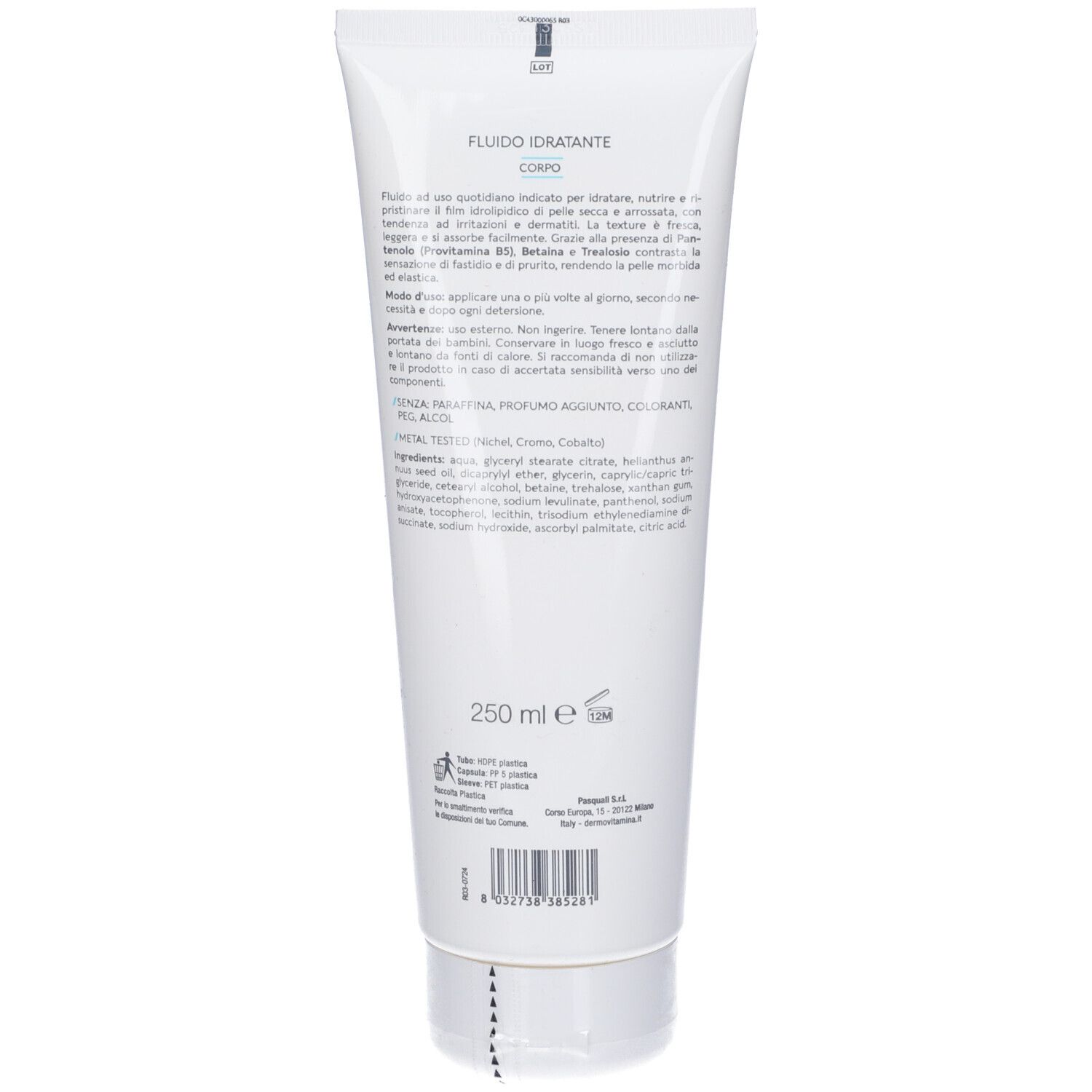 Tubo bianco con informazioni prodotto. Scritta: Fluido Idratante. Ingredienti, istruzioni e informazioni produttore. Volume: 250 ml.