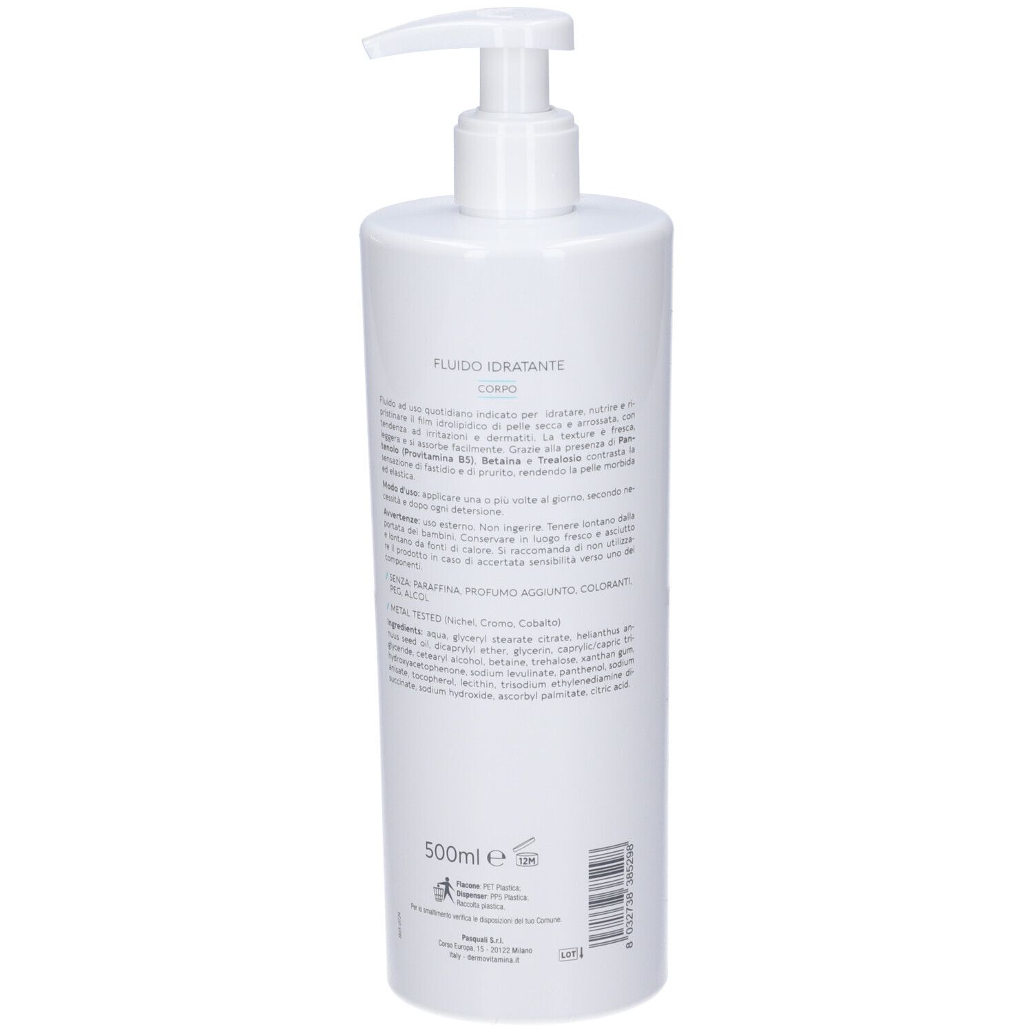 Flacone bianco con dosatore. Retro con testo. Nome prodotto: Dermovitamina Calm Fluido Idratante. Volume: 500ml.