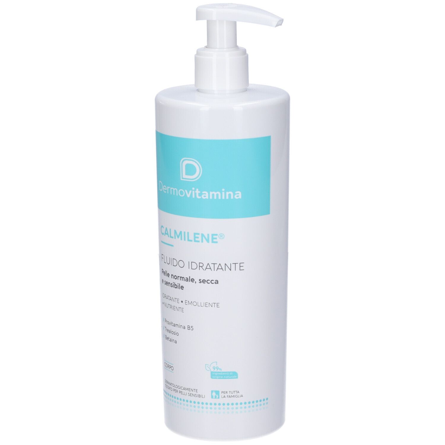 Flacone bianco con dosatore. Scritta: Dermovitamina, CALMILENE, Fluido Idratante. Per pelli normali, secche e sensibili.