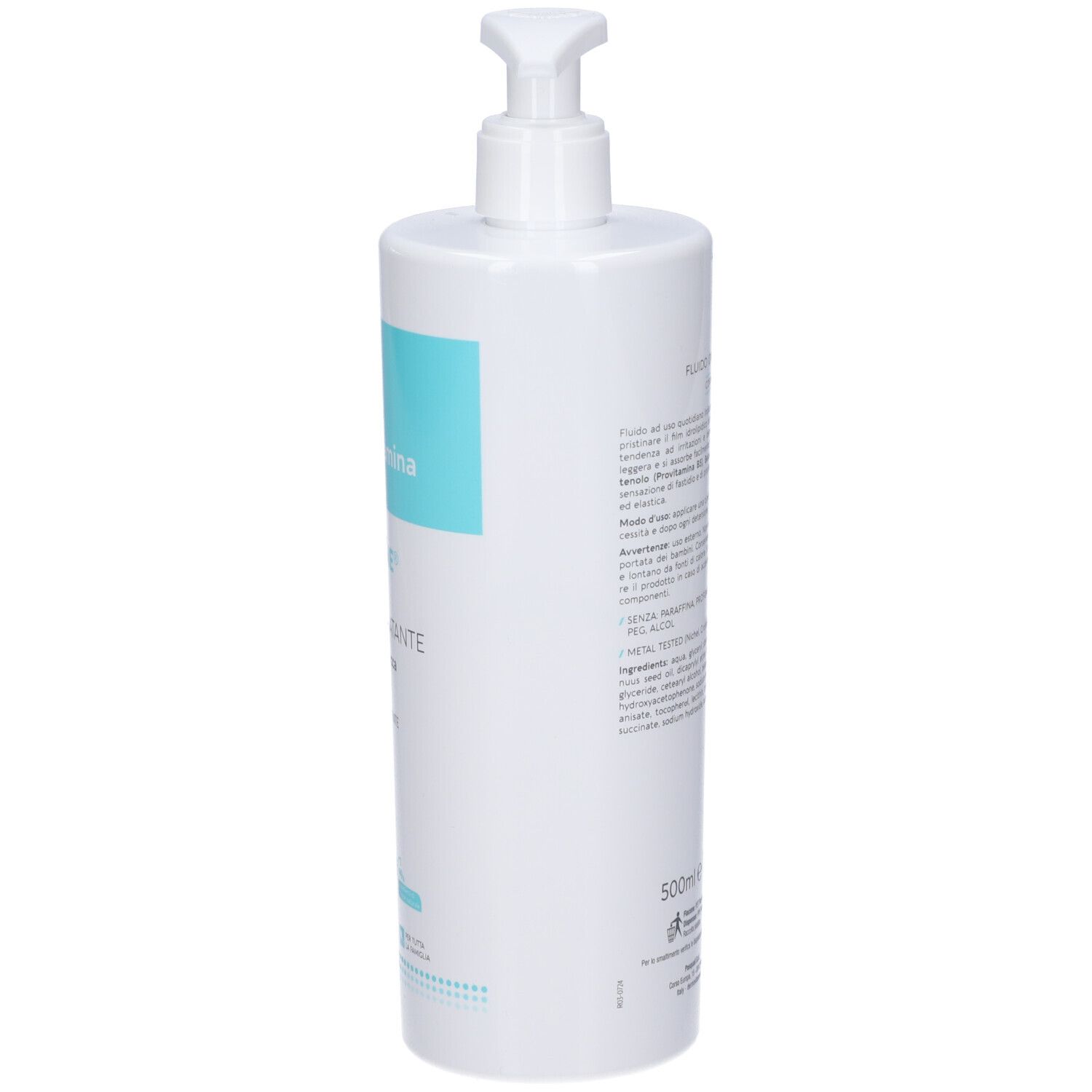 Flacone bianco con dosatore. Retro con testo. Nome prodotto: Dermovitamina Calm Fluido Idratante. Volume: 500ml.