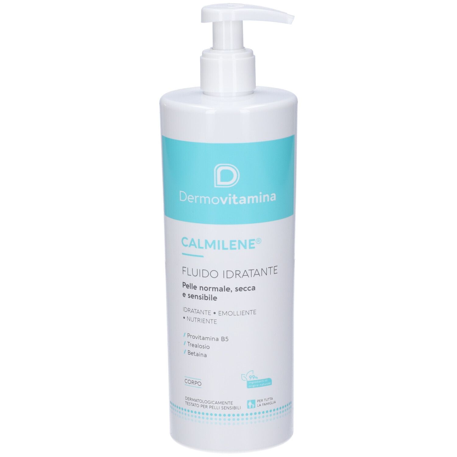 Flacone bianco con dosatore. Scritta: Dermovitamina, CALMILENE, Fluido Idratante. Per pelli normali, secche e sensibili.