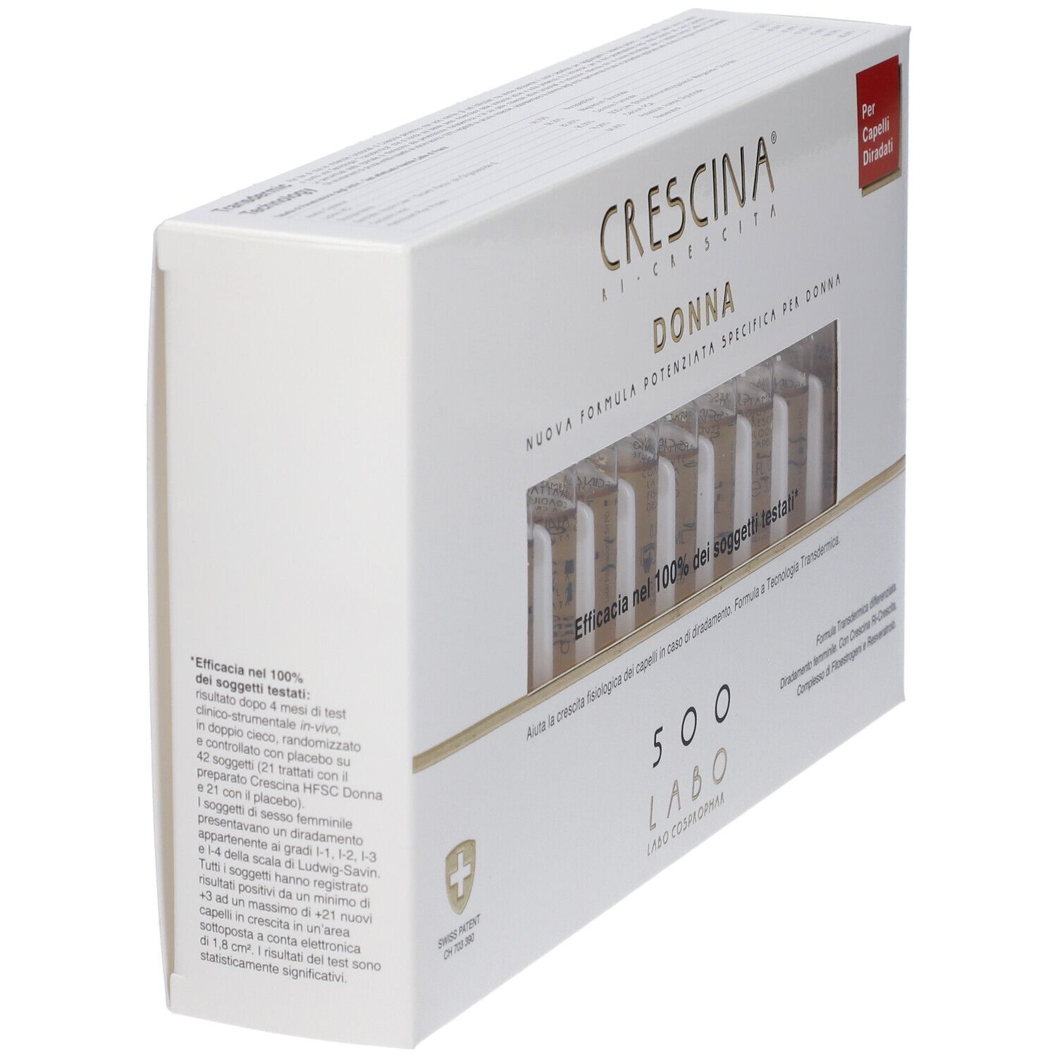 Scatola Crescina Donna per capelli con 20 fiale. Confezione bianca con accenti dorati e finestra trasparente.