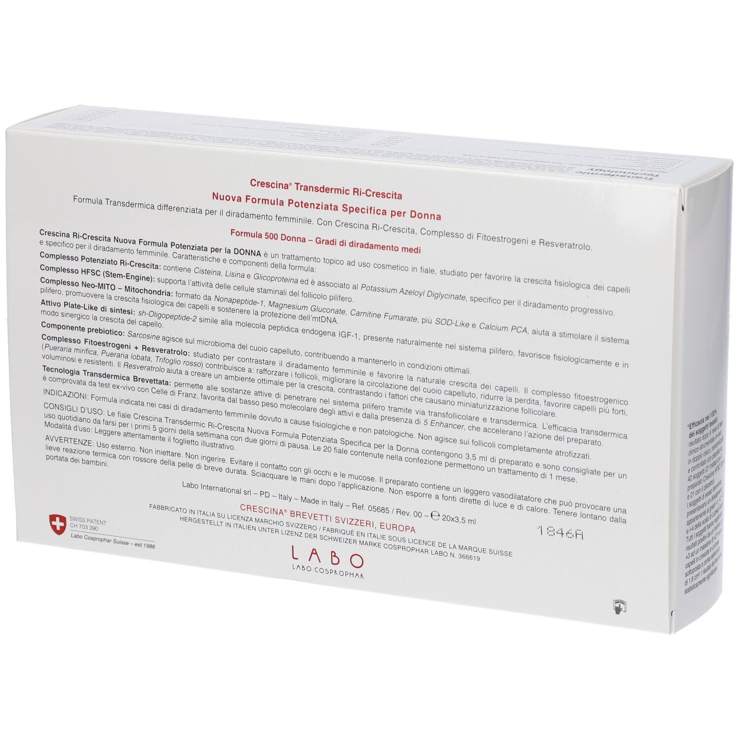 Confezione di Crescina Transdermic Ri-Crescita, formula per la stimolazione della crescita dei capelli per donne.