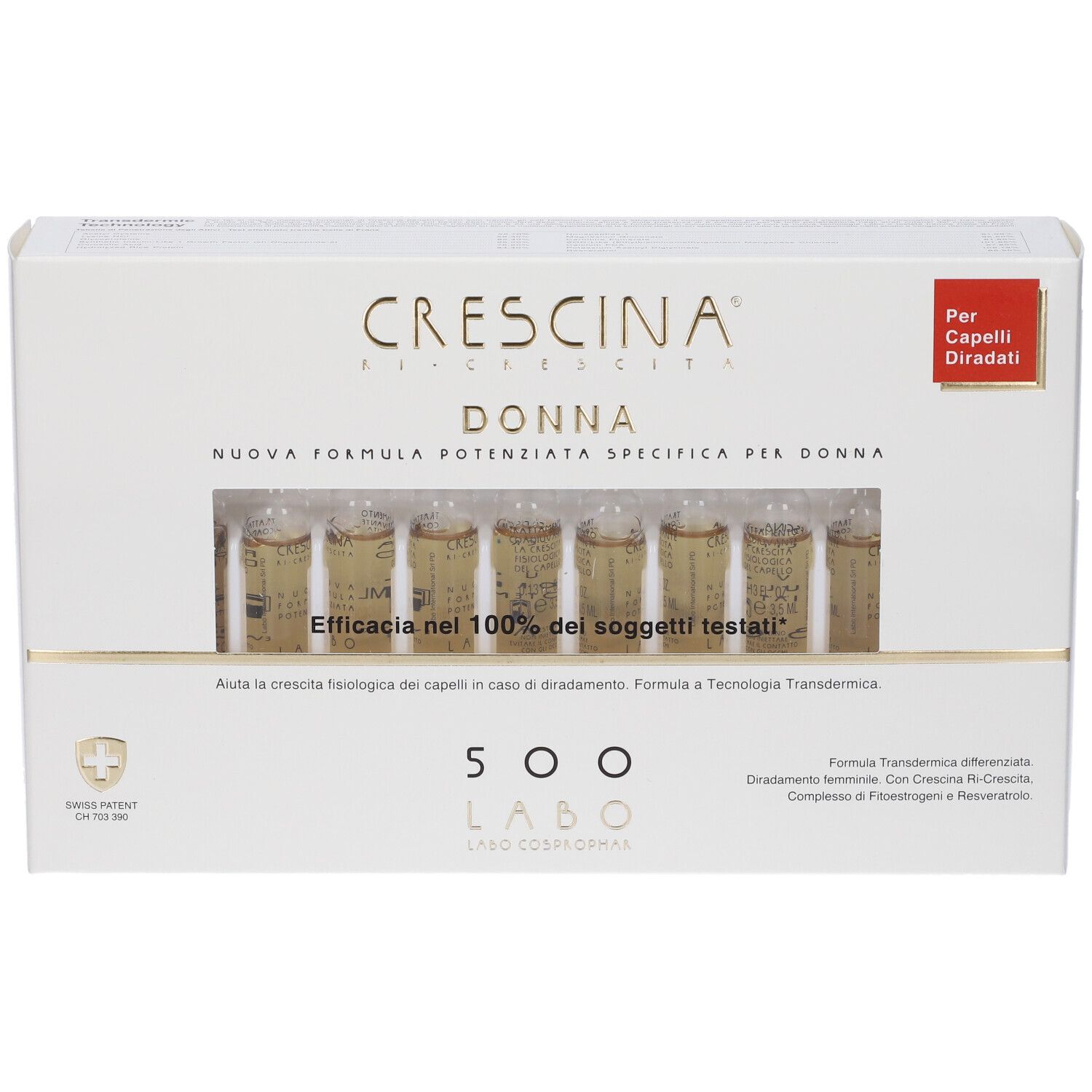 Fiale Crescina Donna per capelli diradati. Confezione da otto fiale in vetro.