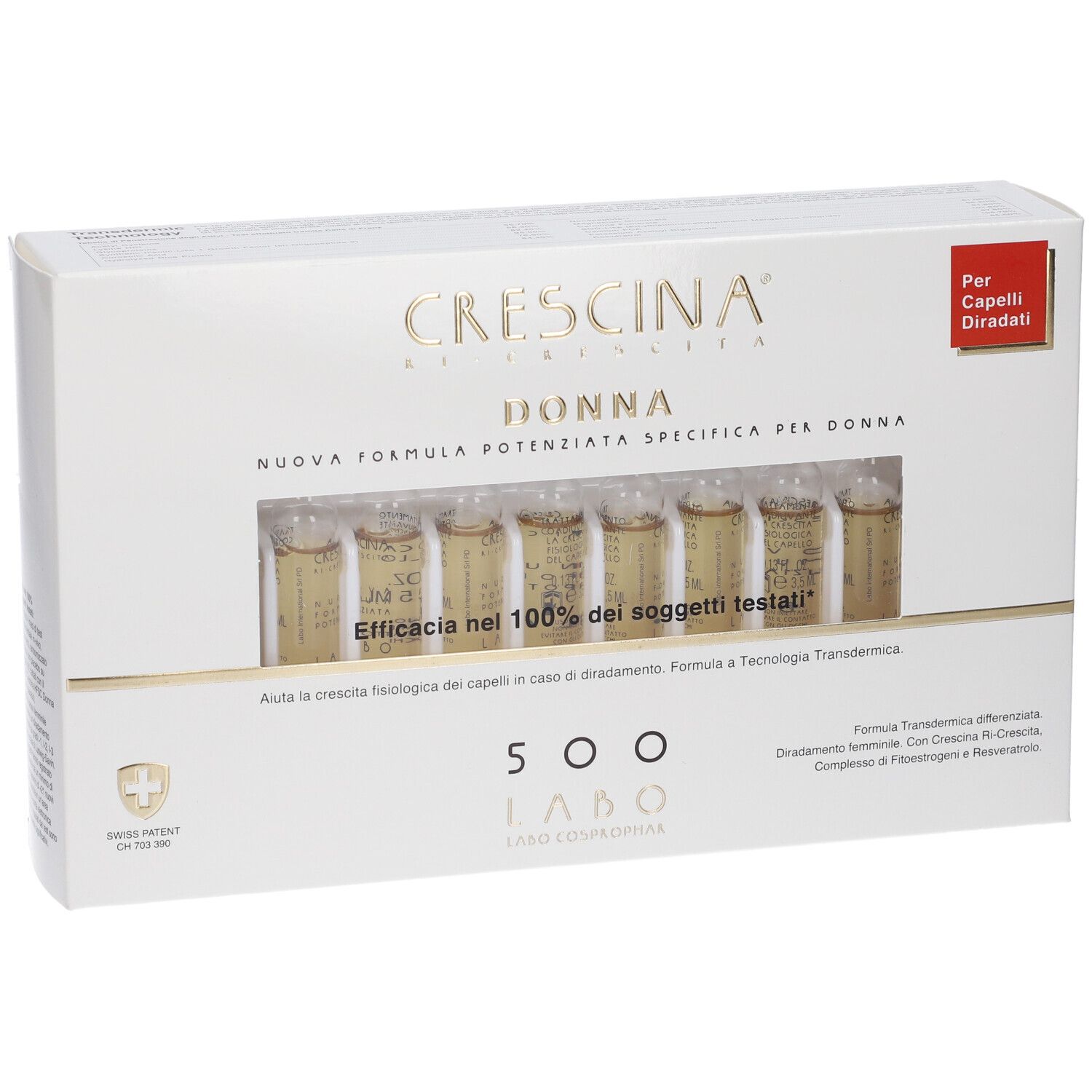 Confezione da 7 fiale Crescina Donna 500 per capelli diradati. Include Swiss Patent.