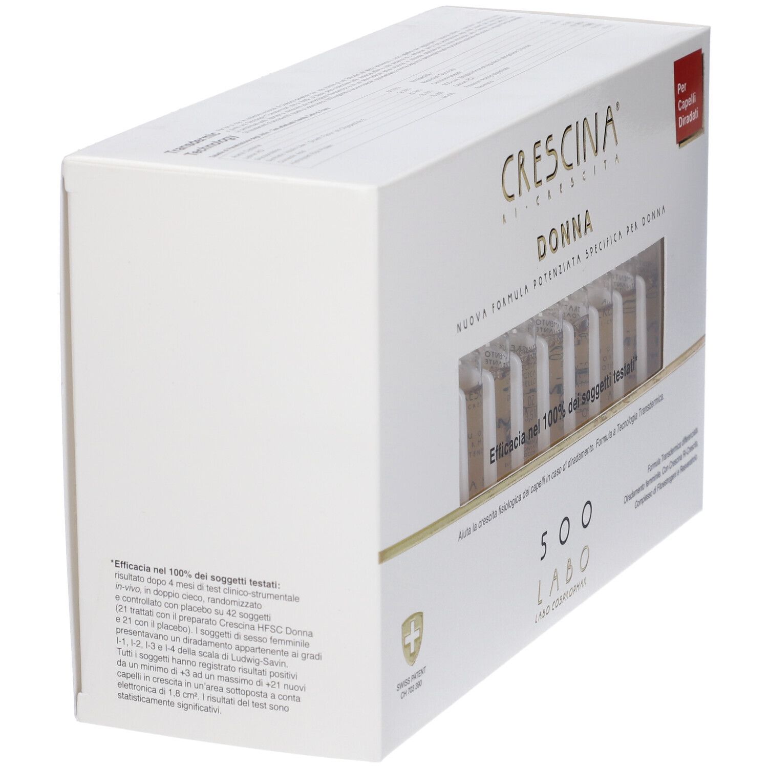 Confezione Crescina Donna 500 Labo per capelli, scatola bianca con 7 fiale.