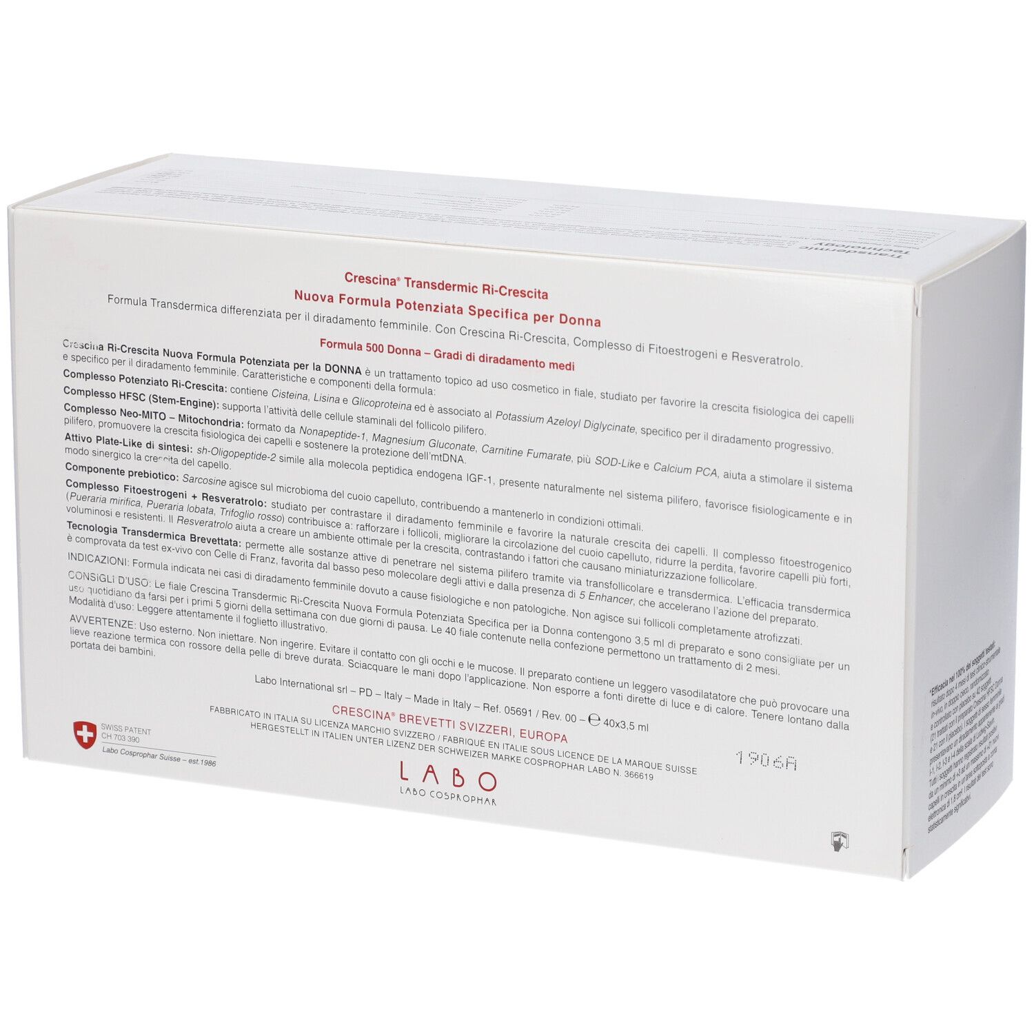 Confezione per Crescina Transdermic Ri-Crescita, nuova formula per donna. Contiene testo e logo croce svizzera.