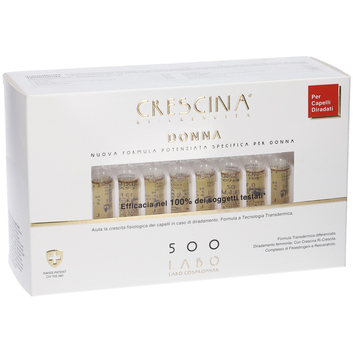 Confezione Crescina Donna per capelli diradati. Contiene 7 fialette in vetro con liquido.