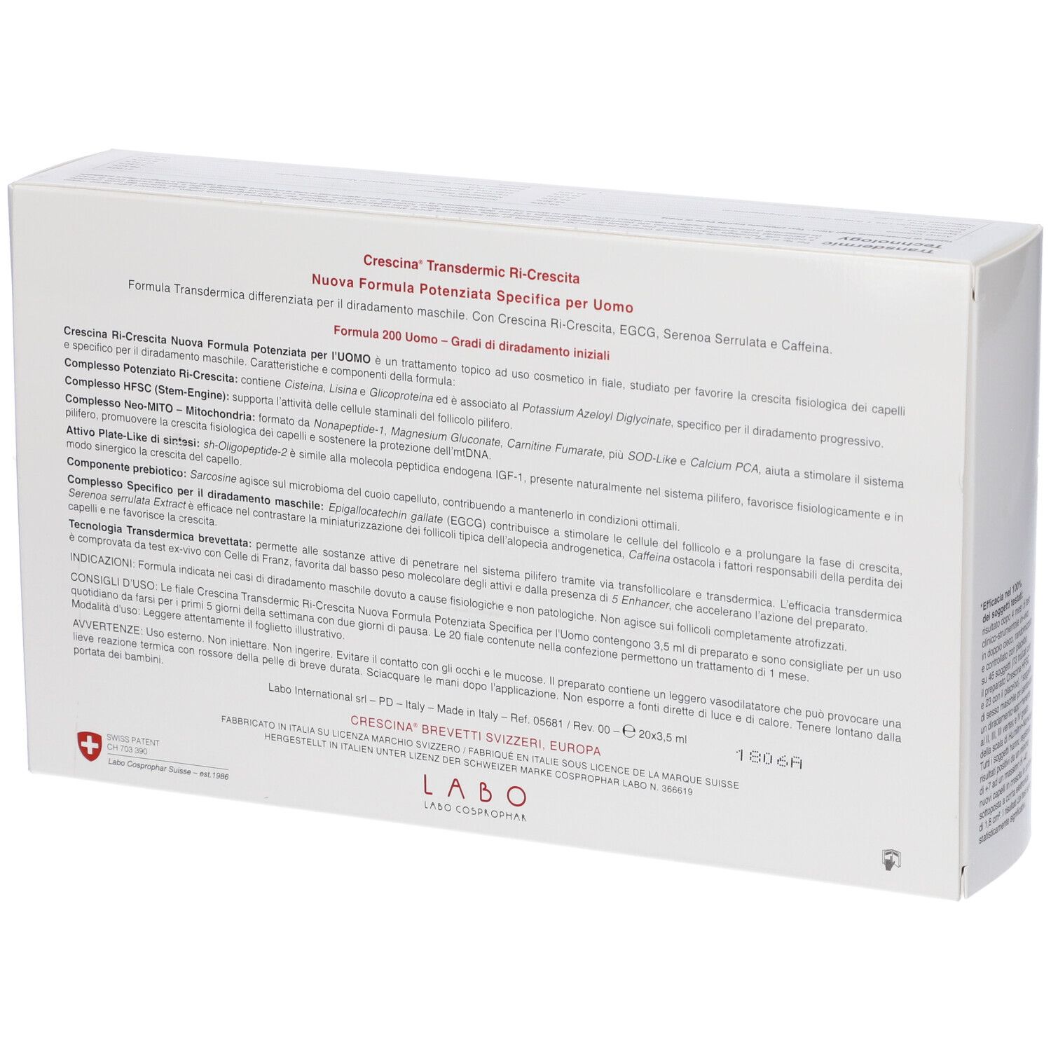 Confezione di Crescina Transdermic Ri-Crescita, formula per uomo. Contiene informazioni dettagliate sul prodotto.