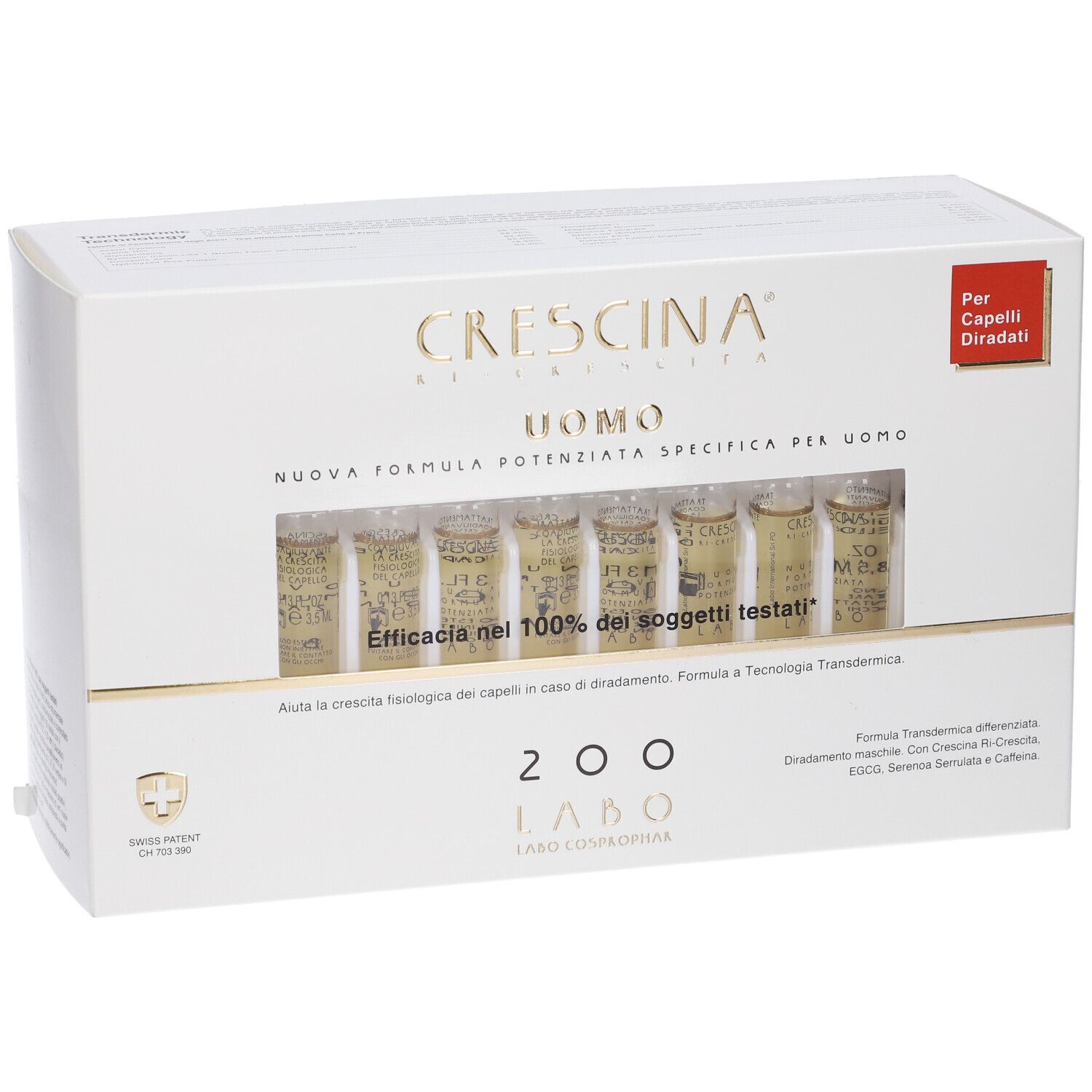 Confezione di sette fiale Crescina Uomo per uomo con capelli diradati.