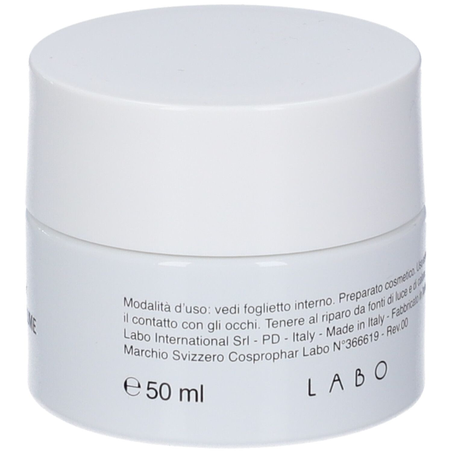Vista laterale del vasetto con 50 ml di contenuto e logo del produttore.