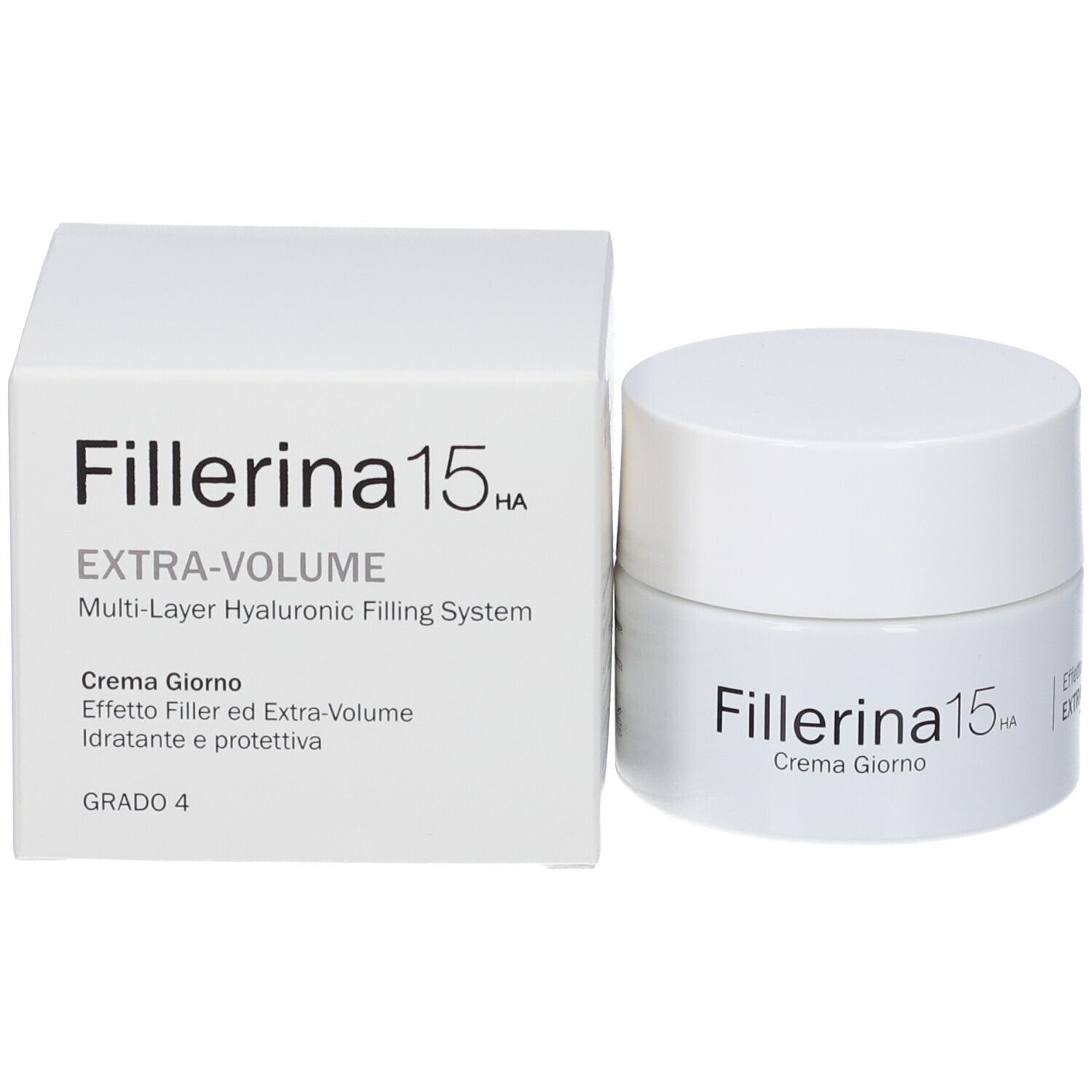 Fillerina 15 HA Extra Volume Crema Giorno Grado 4 con vasetto e confezione.