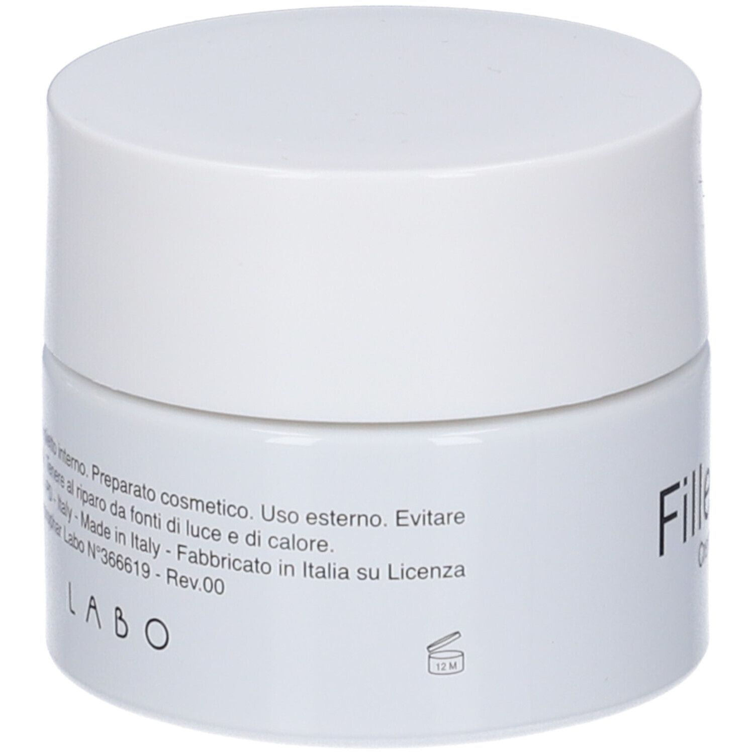 Vasetto bianco con coperchio bianco, etichettato 'LABO' e 'Fillerina'.