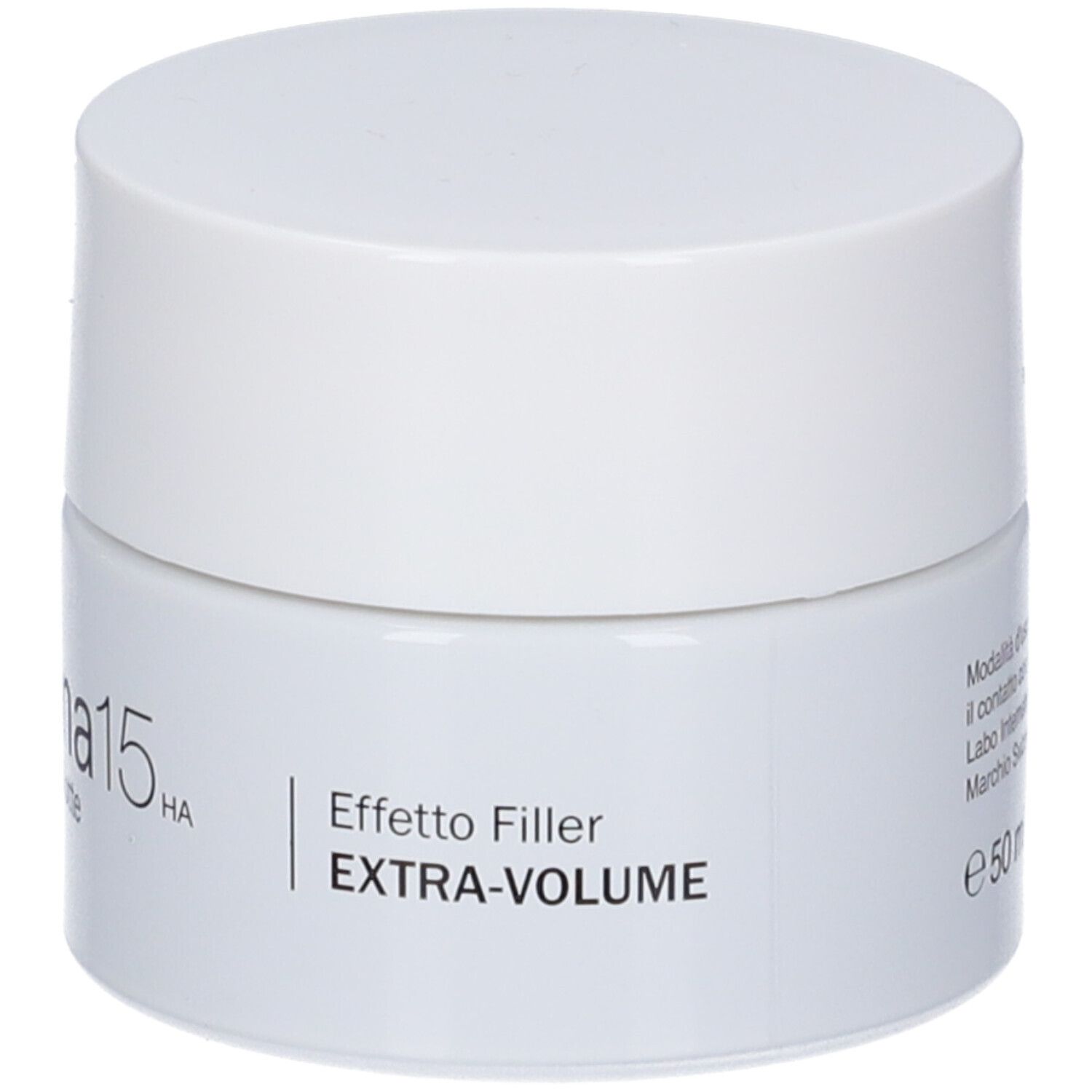 Vasetto bianco con scritta 'Effetto Filler EXTRA-VOLUME', 50ml.