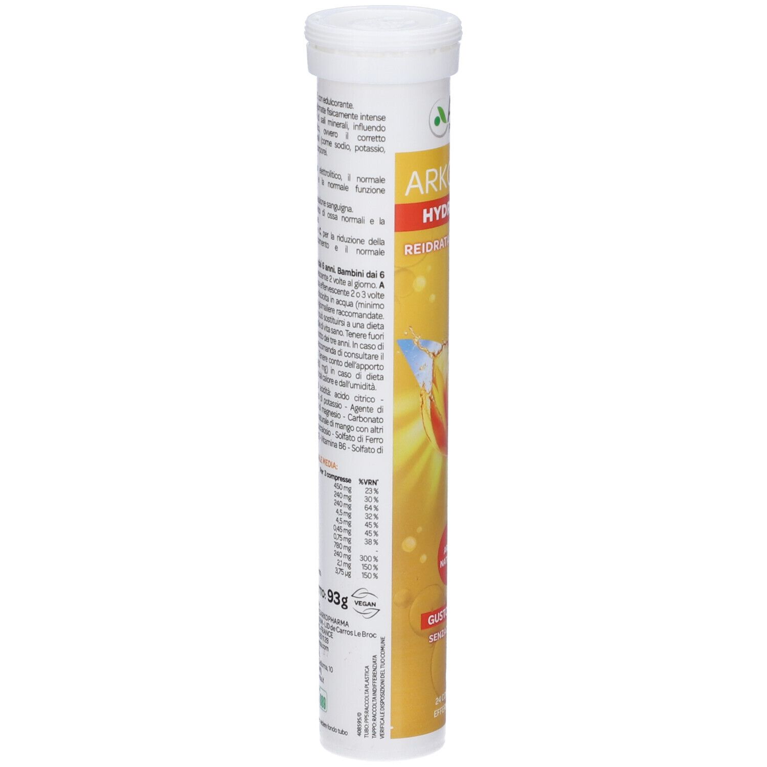Arkomag Hydratium Mango compresse effervescenti, retro con informazioni nutrizionali.