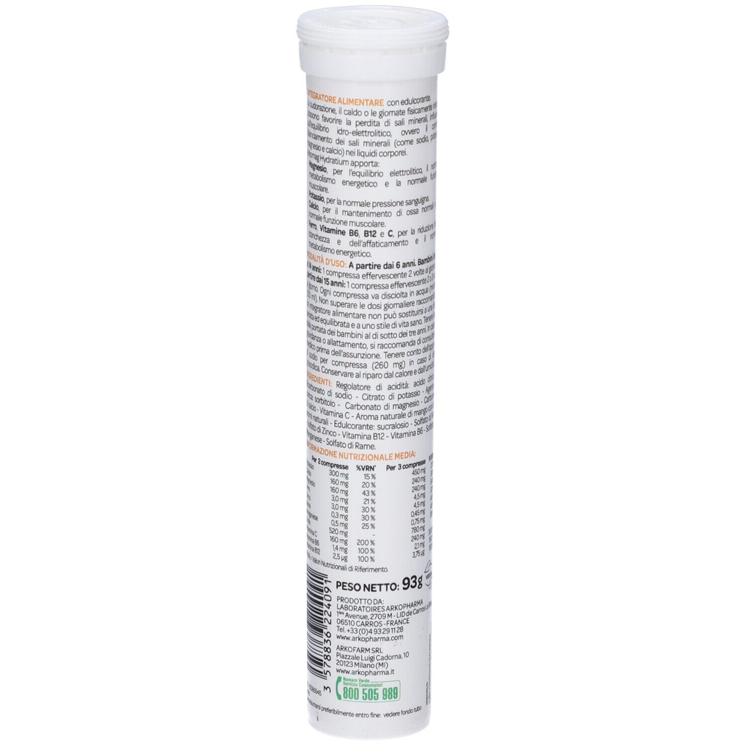 Arkomag Hydratium Mango compresse effervescenti, retro con informazioni dettagliate.