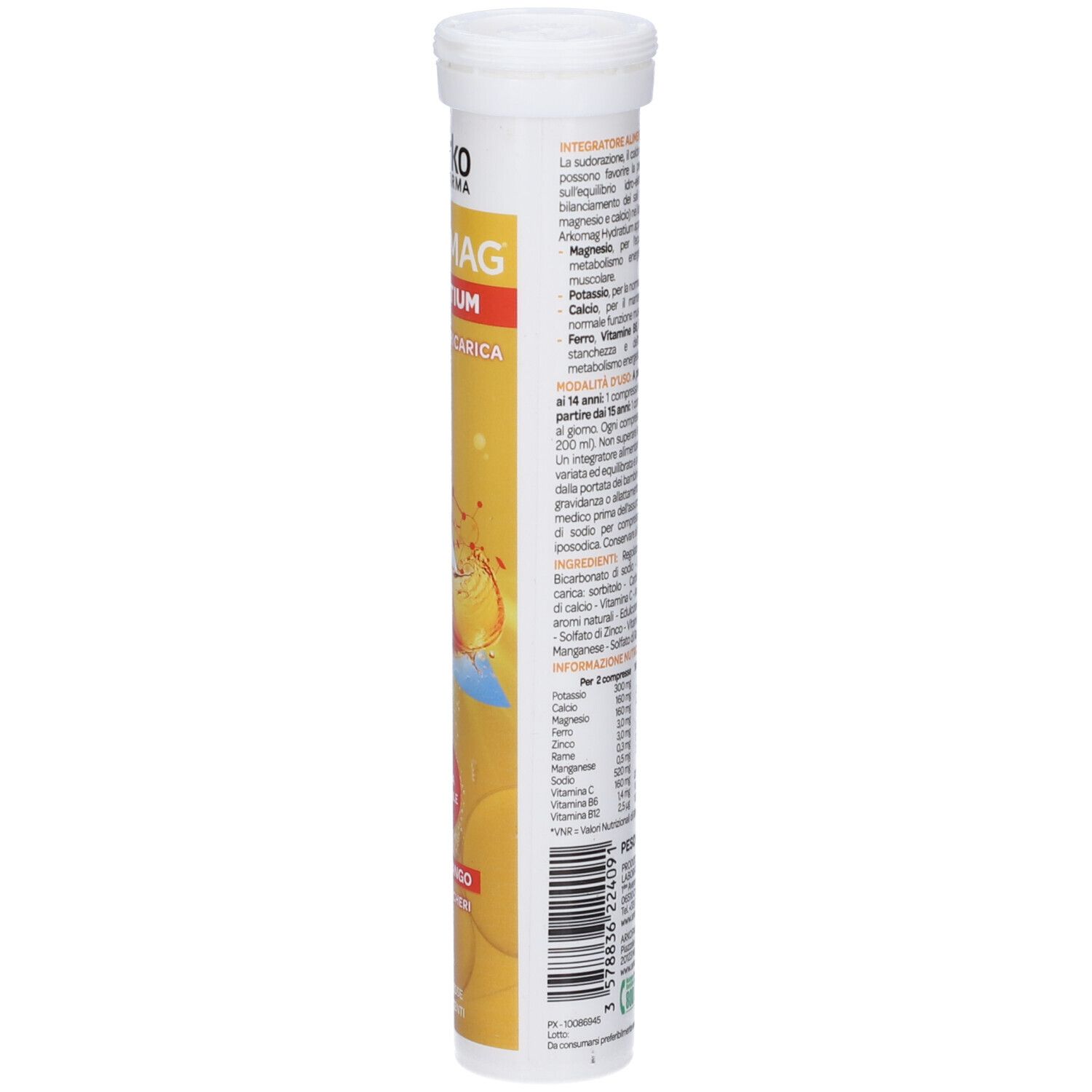 Arkomag Hydratium Mango compresse effervescenti, vista laterale con informazioni.