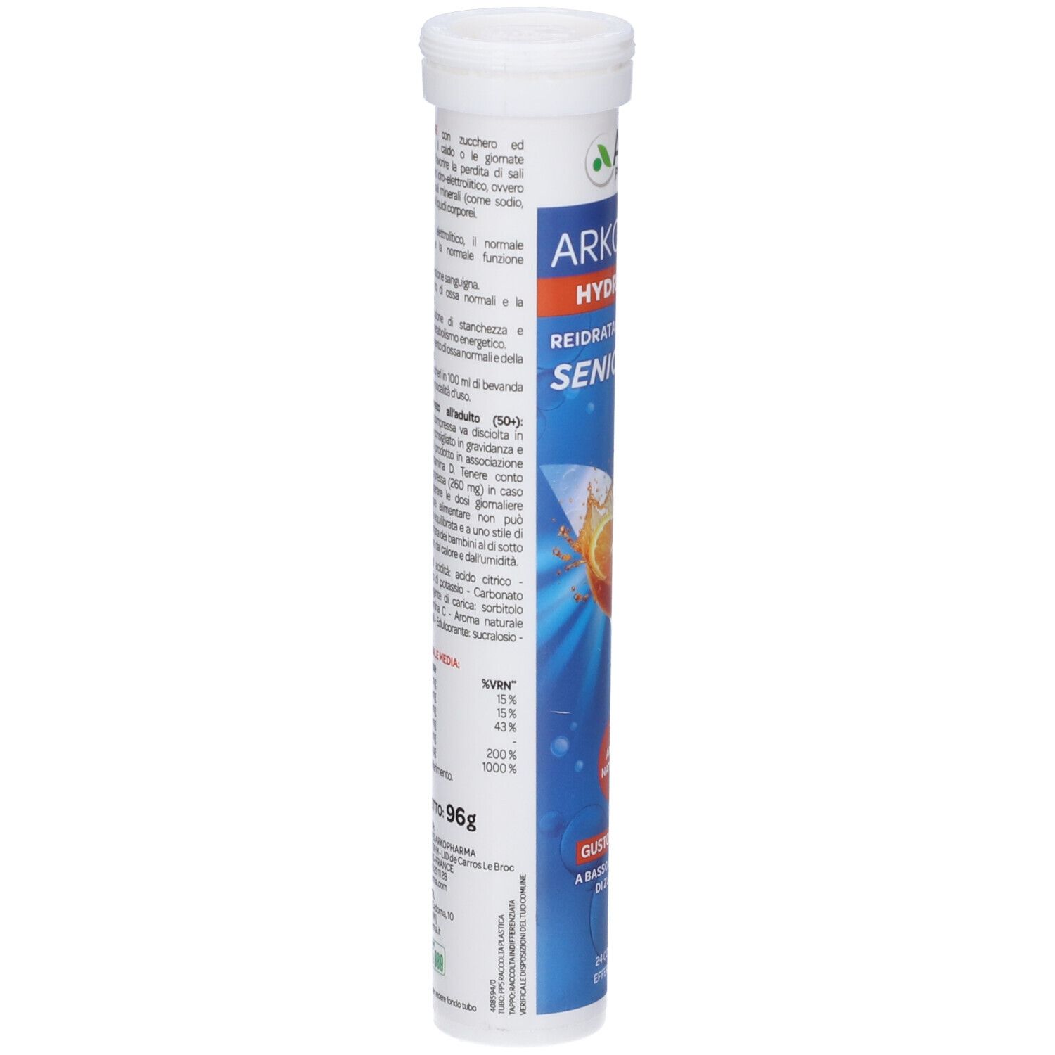 Retro della confezione Arkomag Hydratium Senior 50+ compresse effervescenti con informazioni nutrizionali.