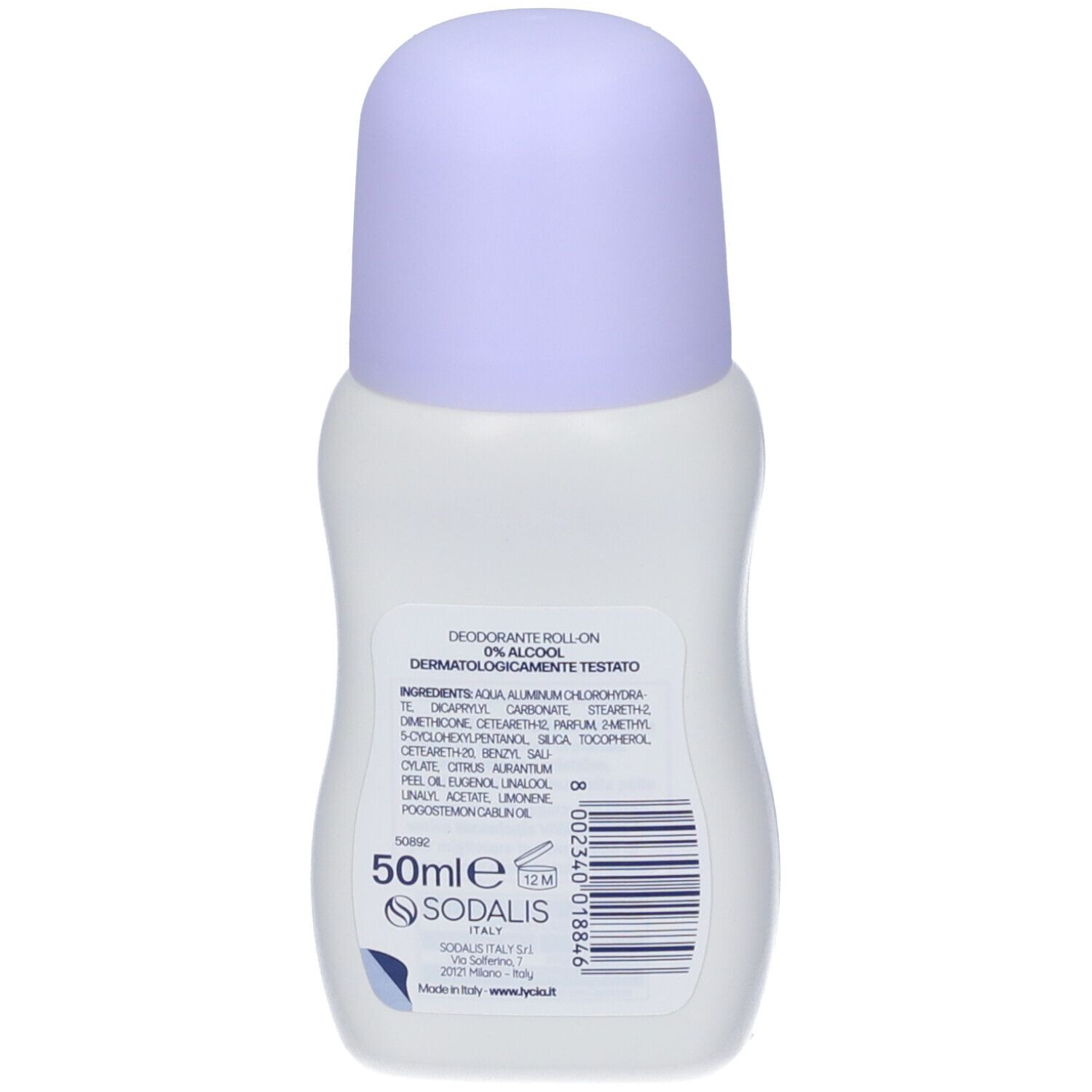 Retro di un flacone di deodorante Roll-On Sodalis, 50ml.