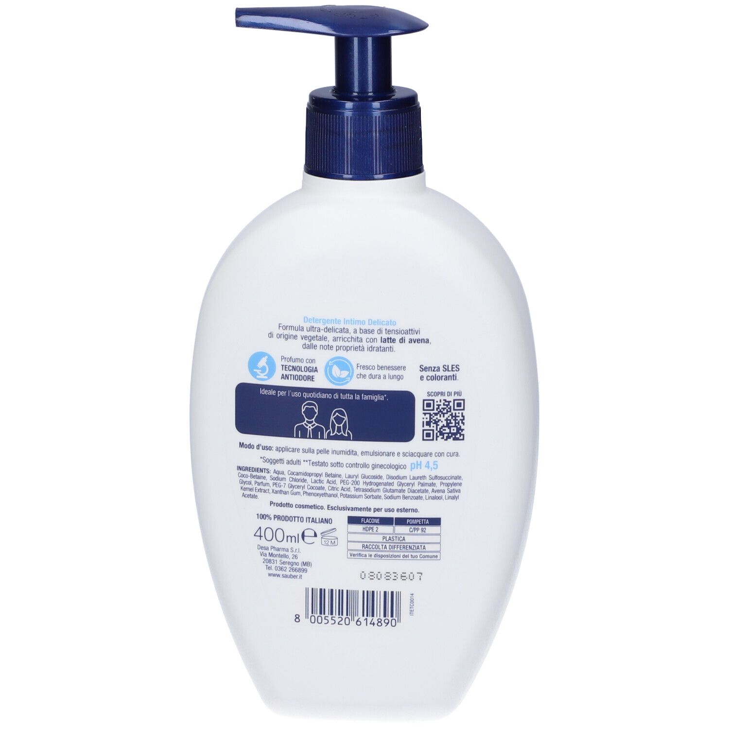 Flacone bianco con pompa e dispenser blu, etichetta con informazioni sul prodotto.