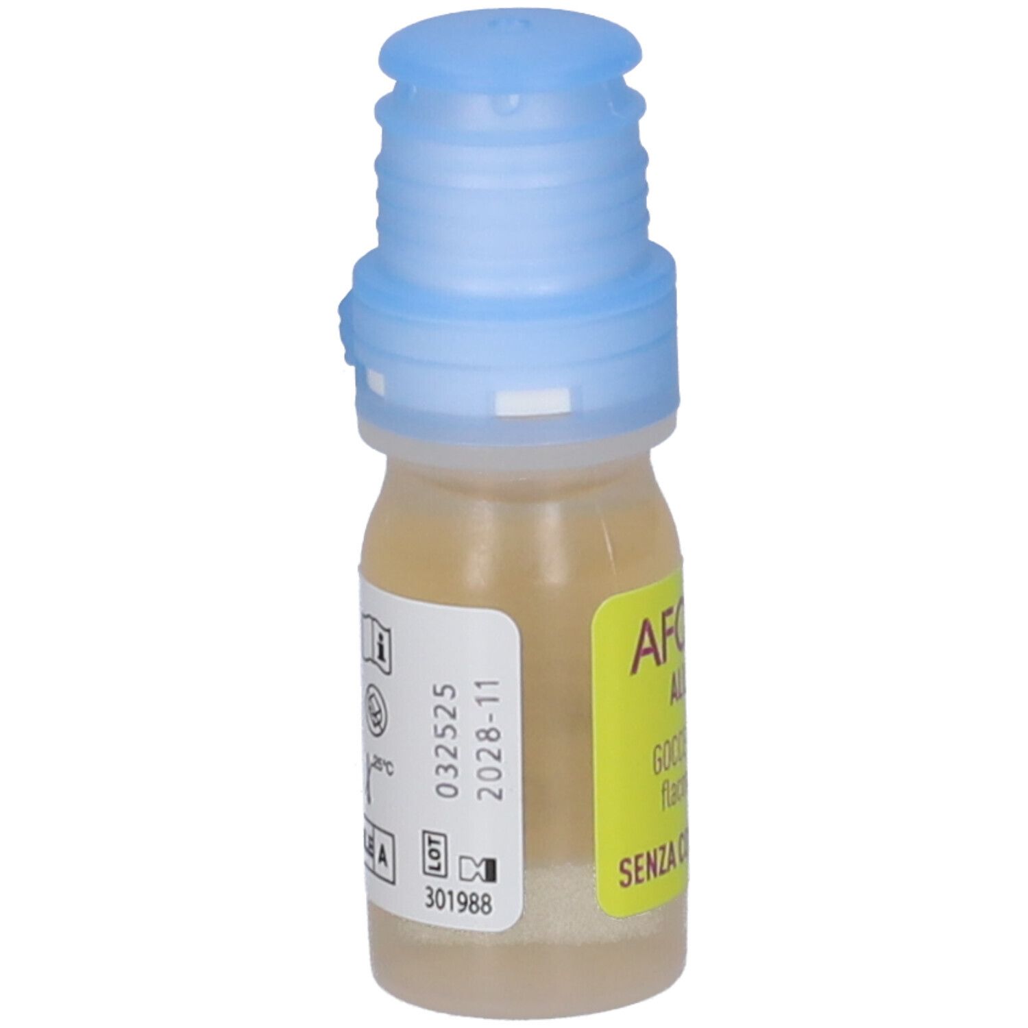 Flacone piccolo con tappo blu. Scritta: AFOMILL ALLERGY, Gocce Oculari, flacone 10 ml, SENZA CONSERVANTI. Etichetta con codici.