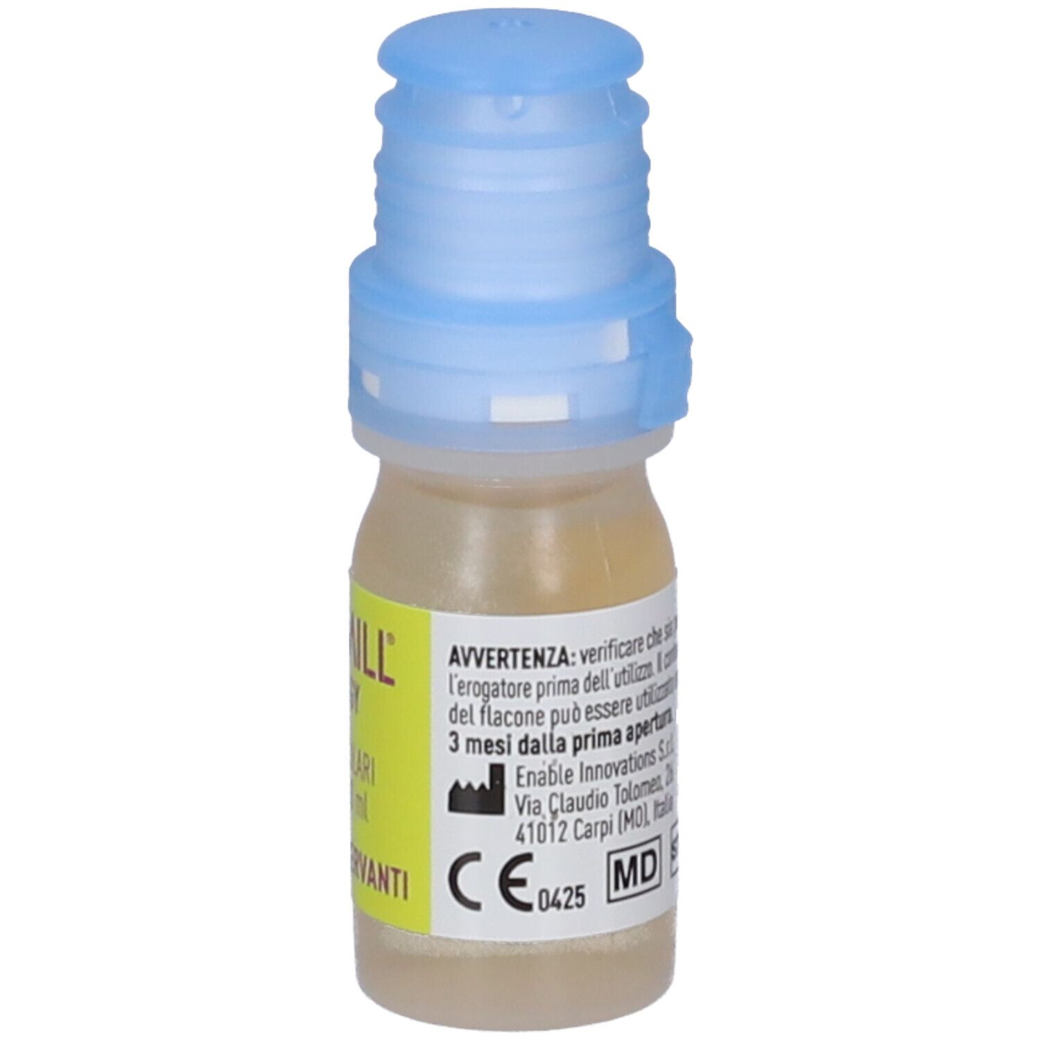 Flacone piccolo con tappo blu. Scritta: AFOMILL ALLERGY, Gocce Oculari, flacone 10 ml, SENZA CONSERVANTI. Etichetta con avvertenza.